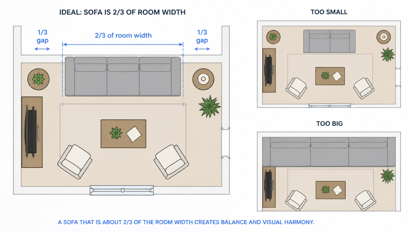 **Image Prompt:**  A clean, flat-style top-down floor plan illustration of a living room showing a sofa placed against the main wall. Draw a clear visual indicator showing the sofa occupying exactly two-thirds of the wall width, with the remaining one-third on each side marked with a small gap. Use a soft blue bracket or arrow spanning the sofa width labeled
