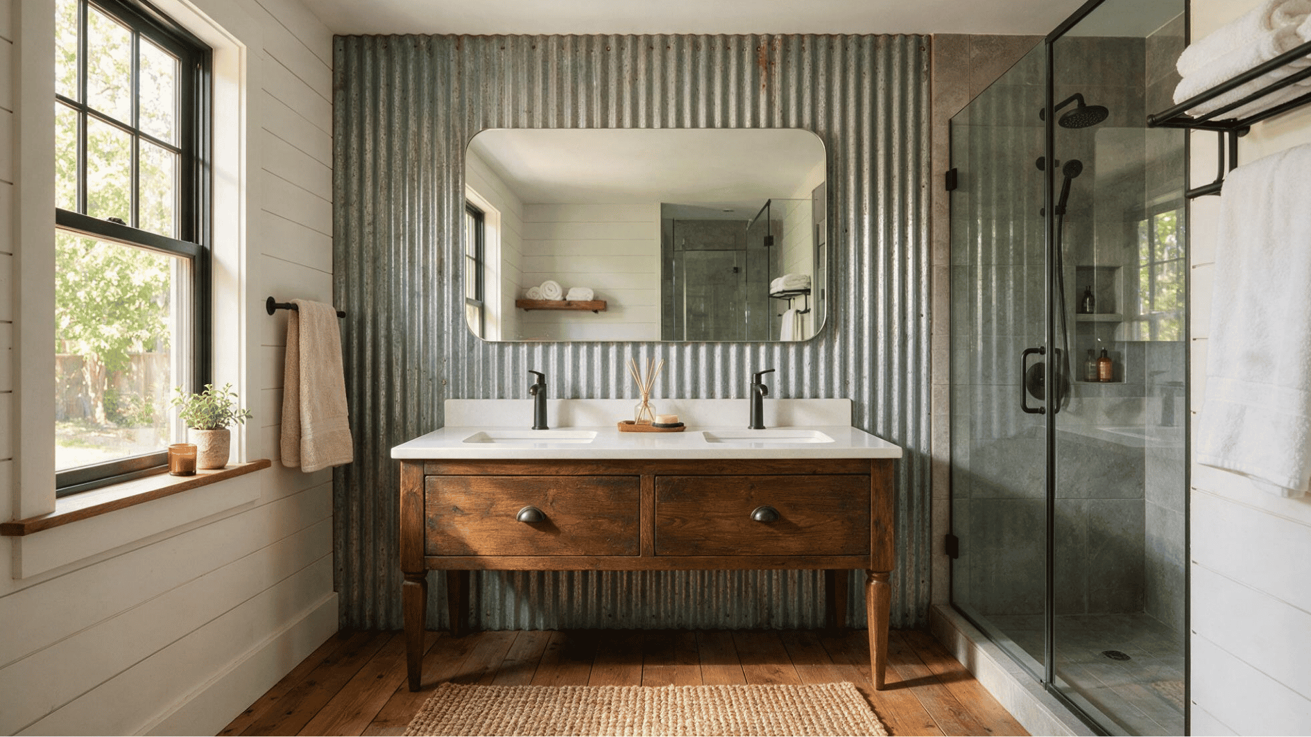 industrial bathroom with corrugated metal accent wall and wood vanity