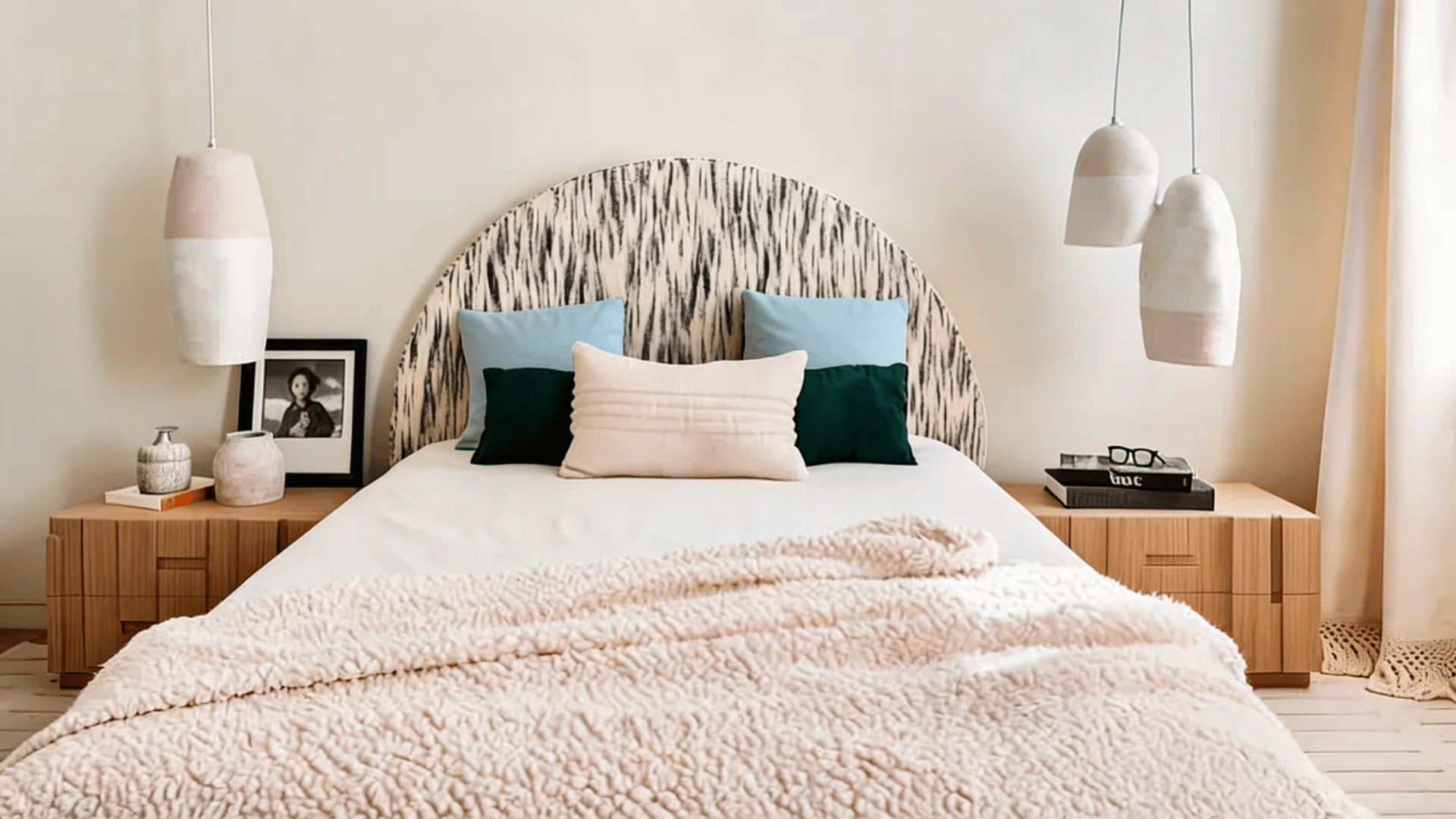 Minimalist dorm room with neutral bedding, clean desk setup, simple wall decor, and practical storage.