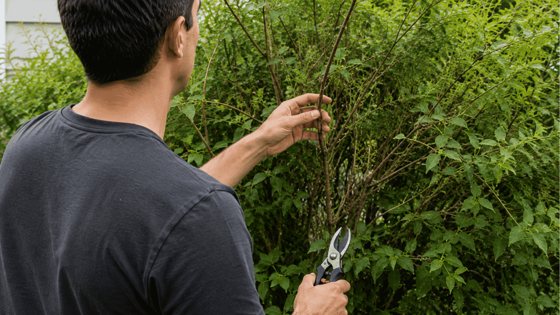 man inspecting overgrown bare branches on a bush before making a pruning cut