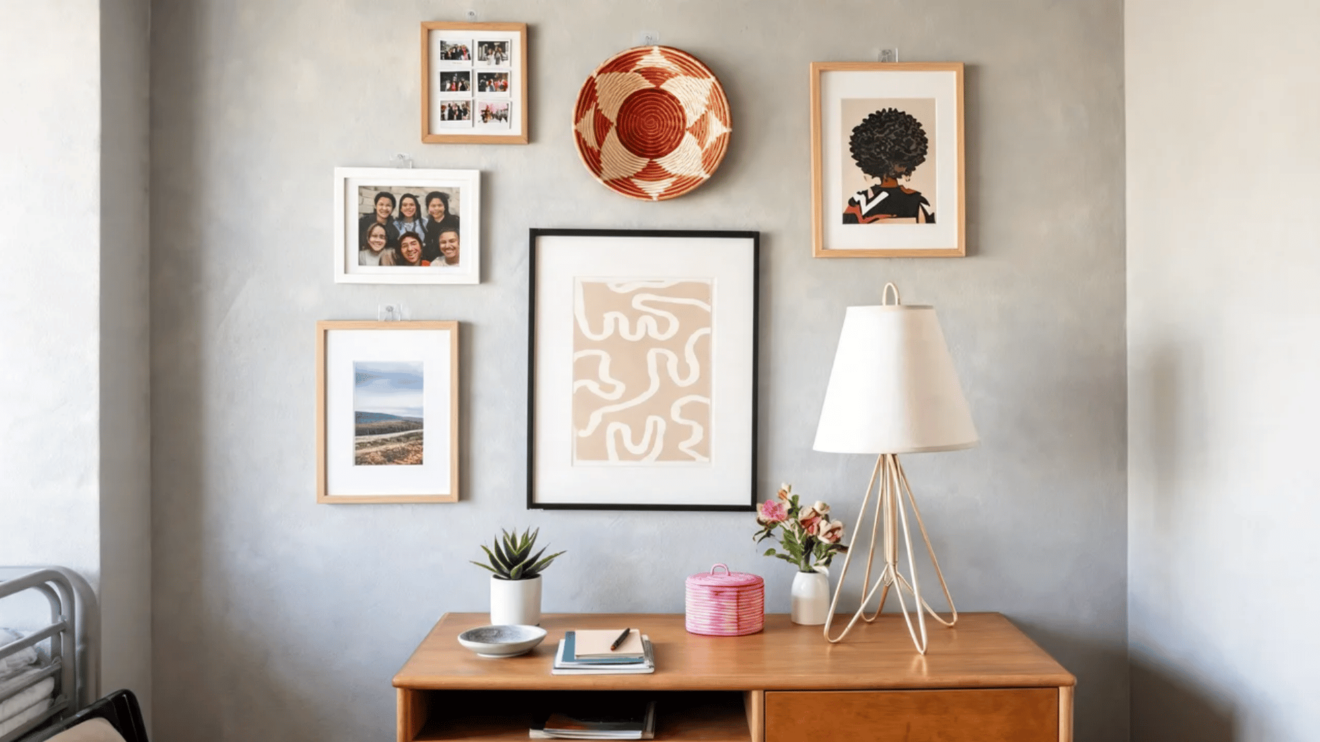 Dorm gallery wall with photo grids, memory prints, posters, and art arranged above a bed.