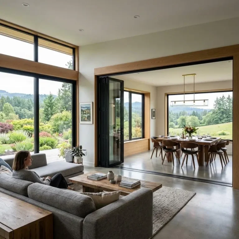 Open-concept living room with gray sofa, wooden coffee table, and views of lush countryside through large windows