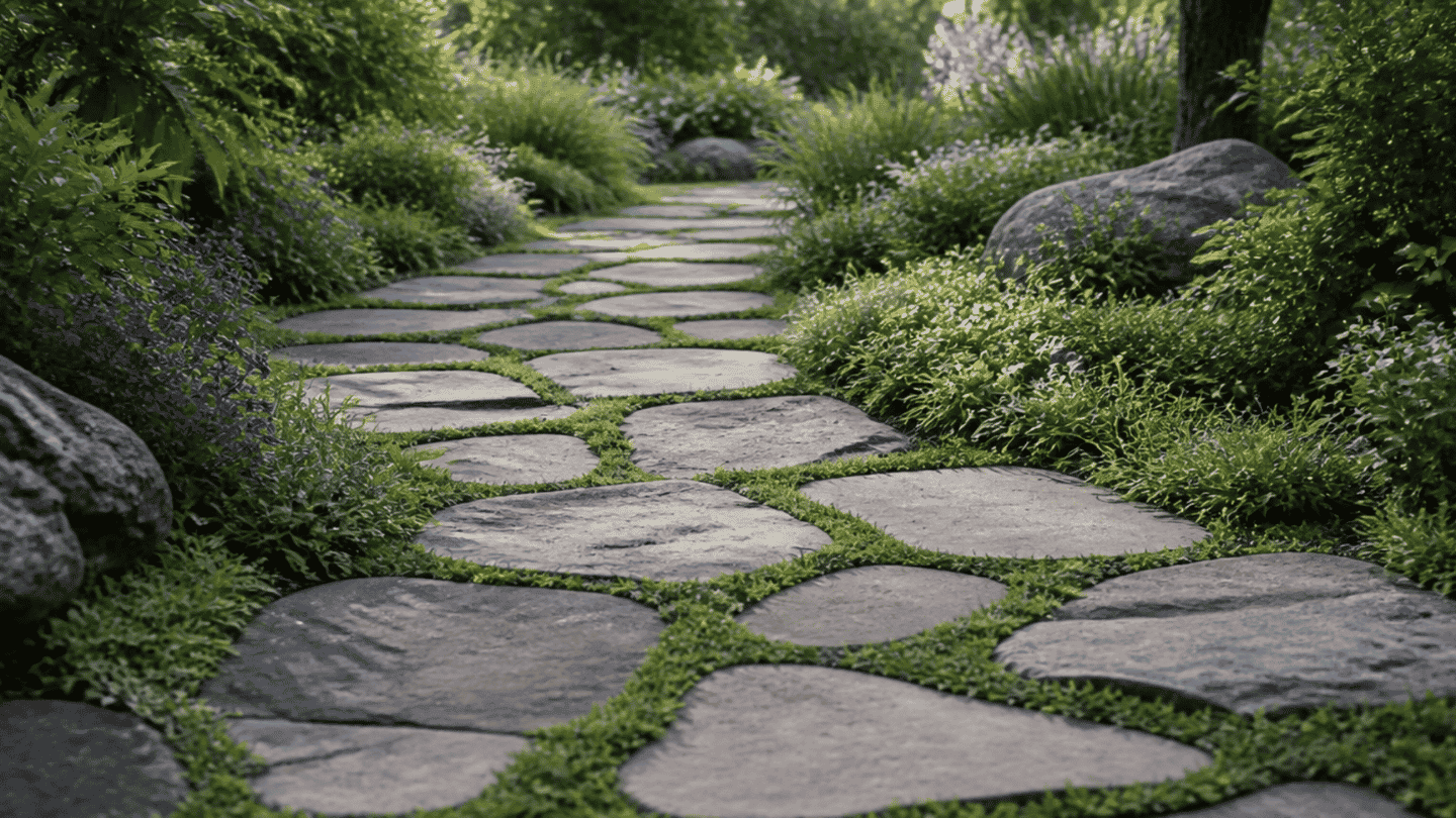 Irregular flagstone walkway ideas with grass and ground cover between stones in a garden setting.