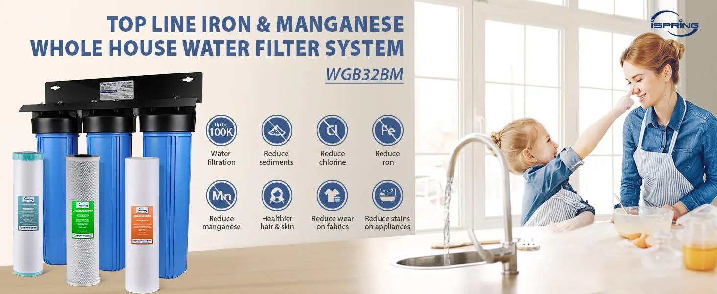 Water filtration system with blue filter housings next to smiling woman and child in kitchen