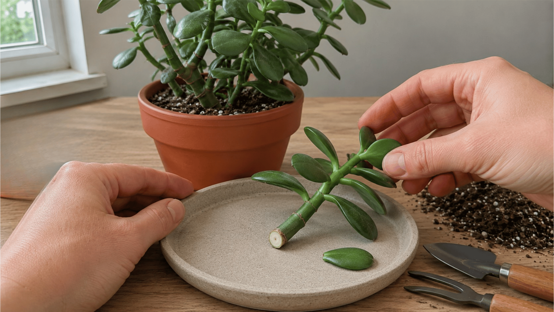 jade plant stem cutting drying on a plate to form a callus before planting
