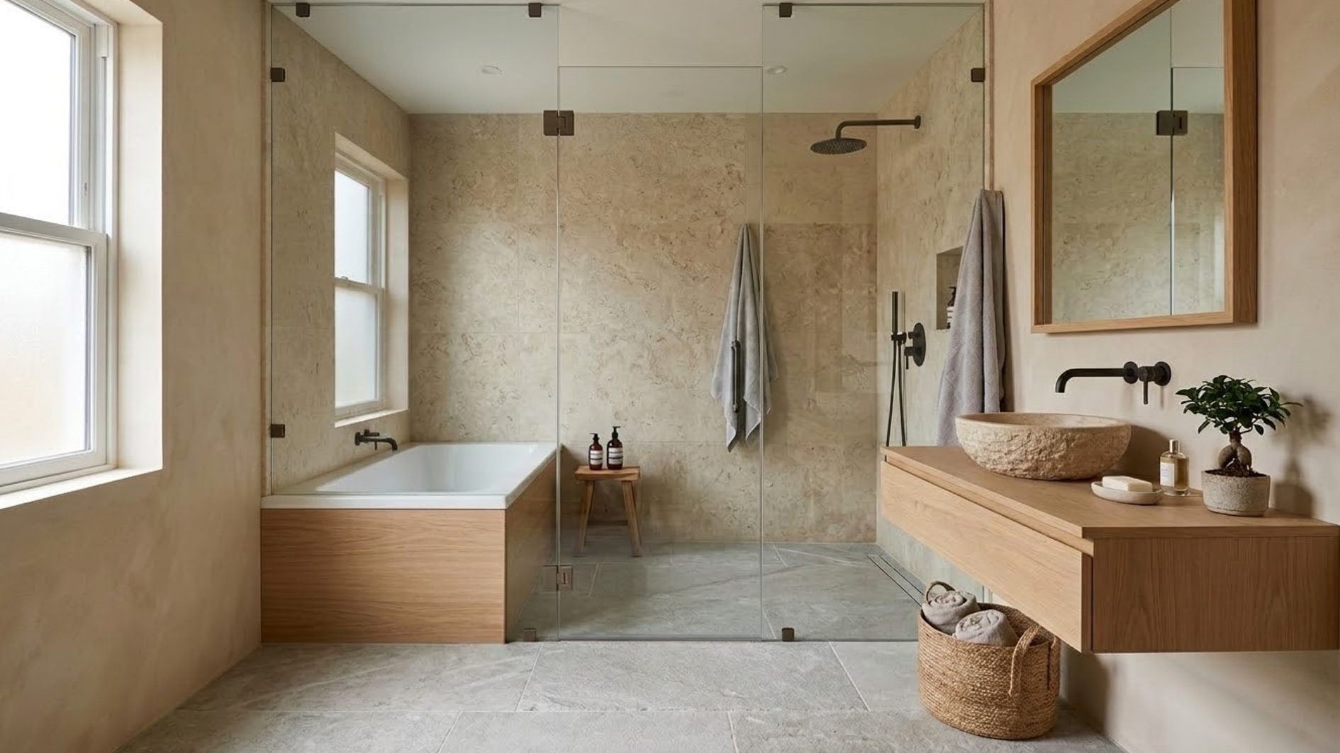 japandi bathroom with wood vanity glass wet room soaking tub stone basin warm neutrals and soft daylight decor