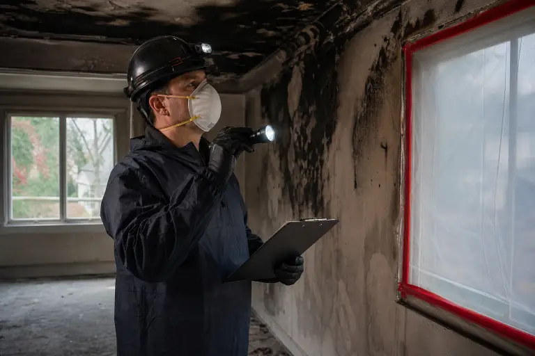 Man in protective gear inspecting fire-damaged room with flashlight and clipboard