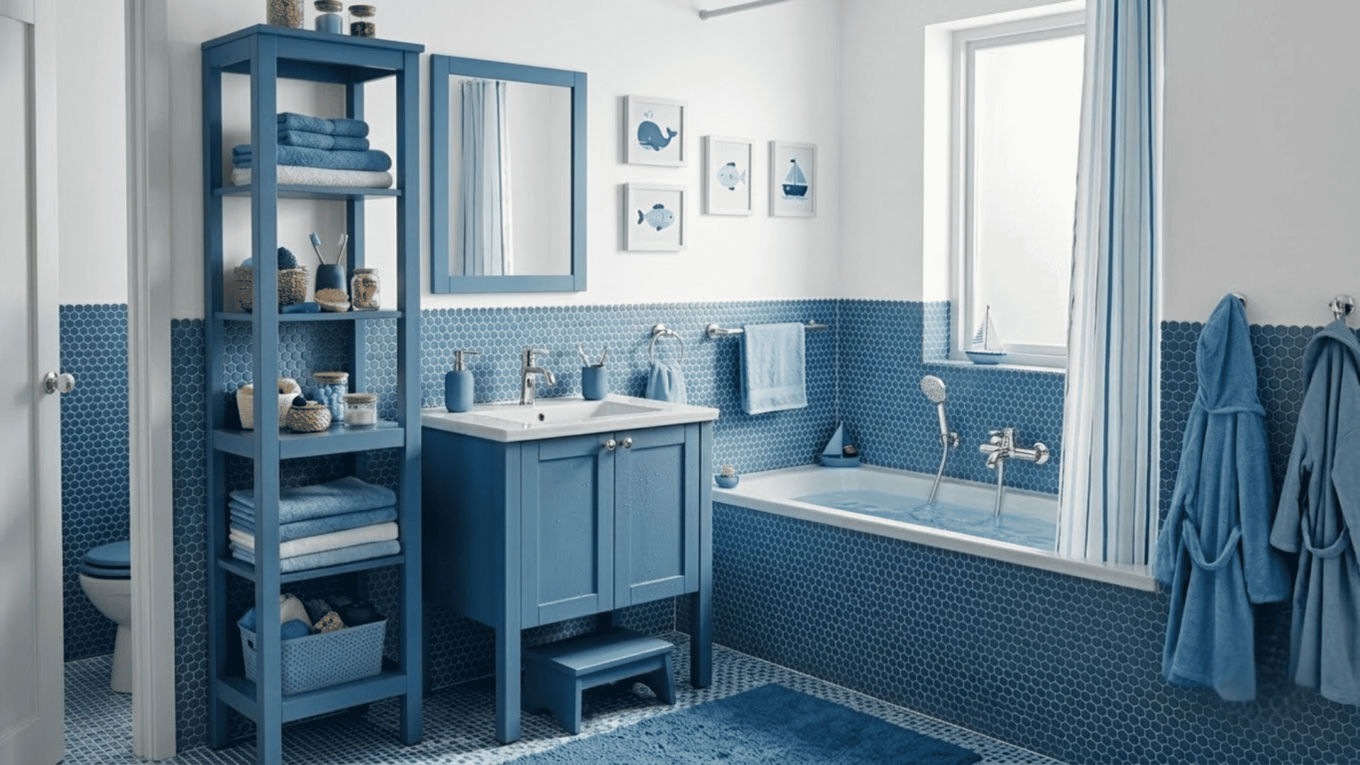 Kids' blue bathroom with blue vanity, shelves, tiles, and bathtub