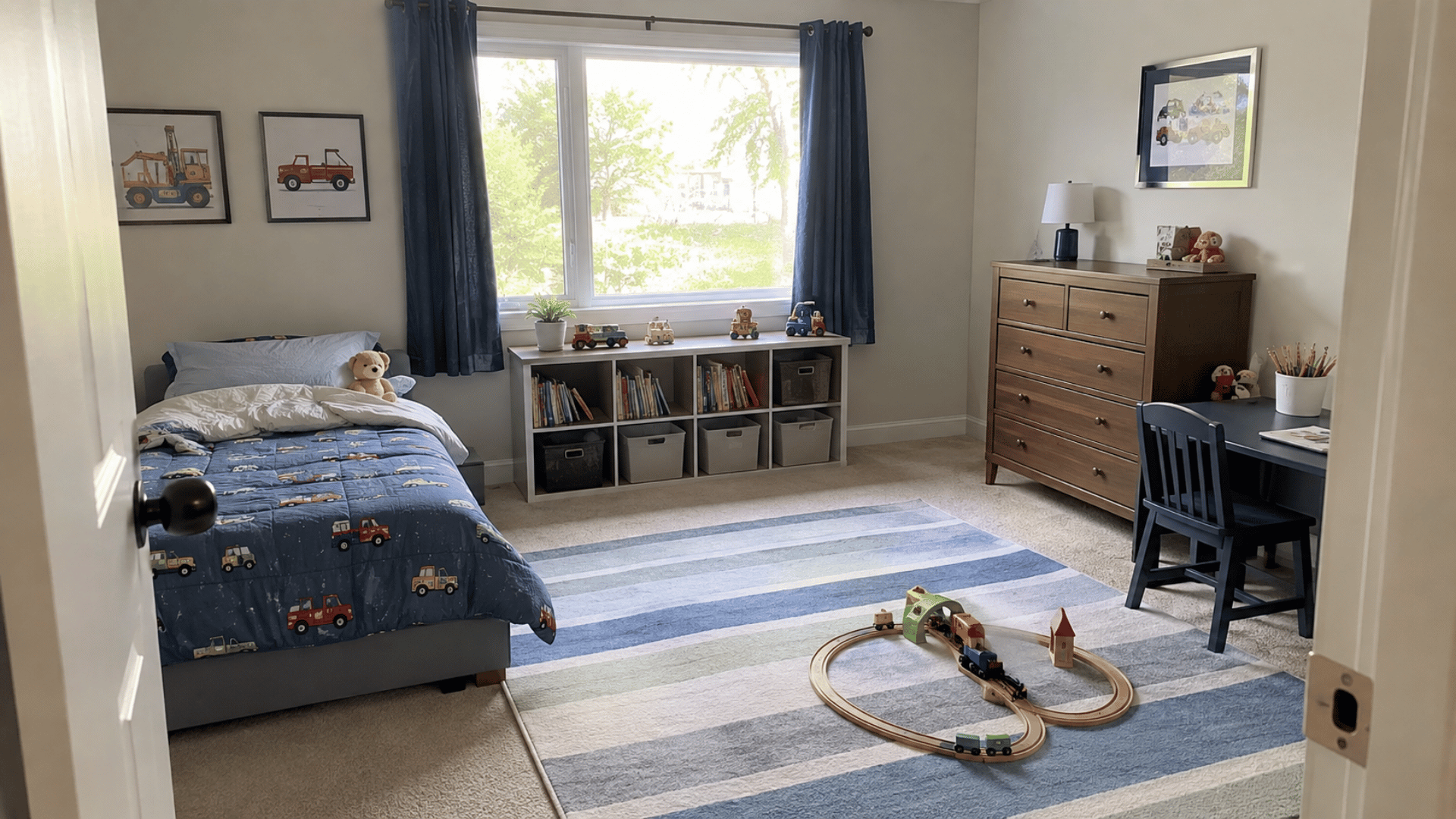 kids room with truck-themed bed, cube storage, dresser, desk, and train rug play area