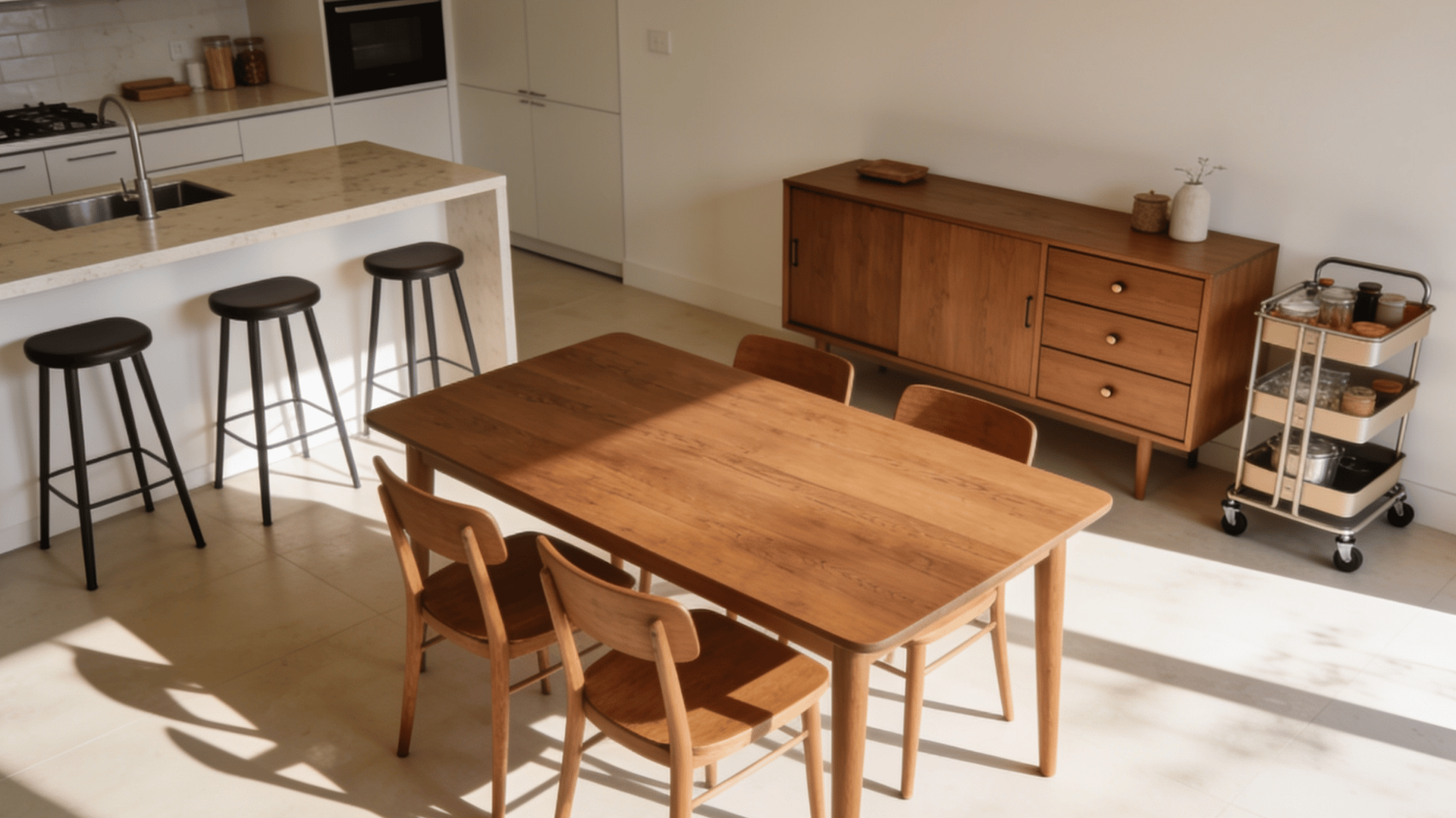kitchen and dining area featuring dining table with chairs, bar stools at island, sideboard, and kitchen cart