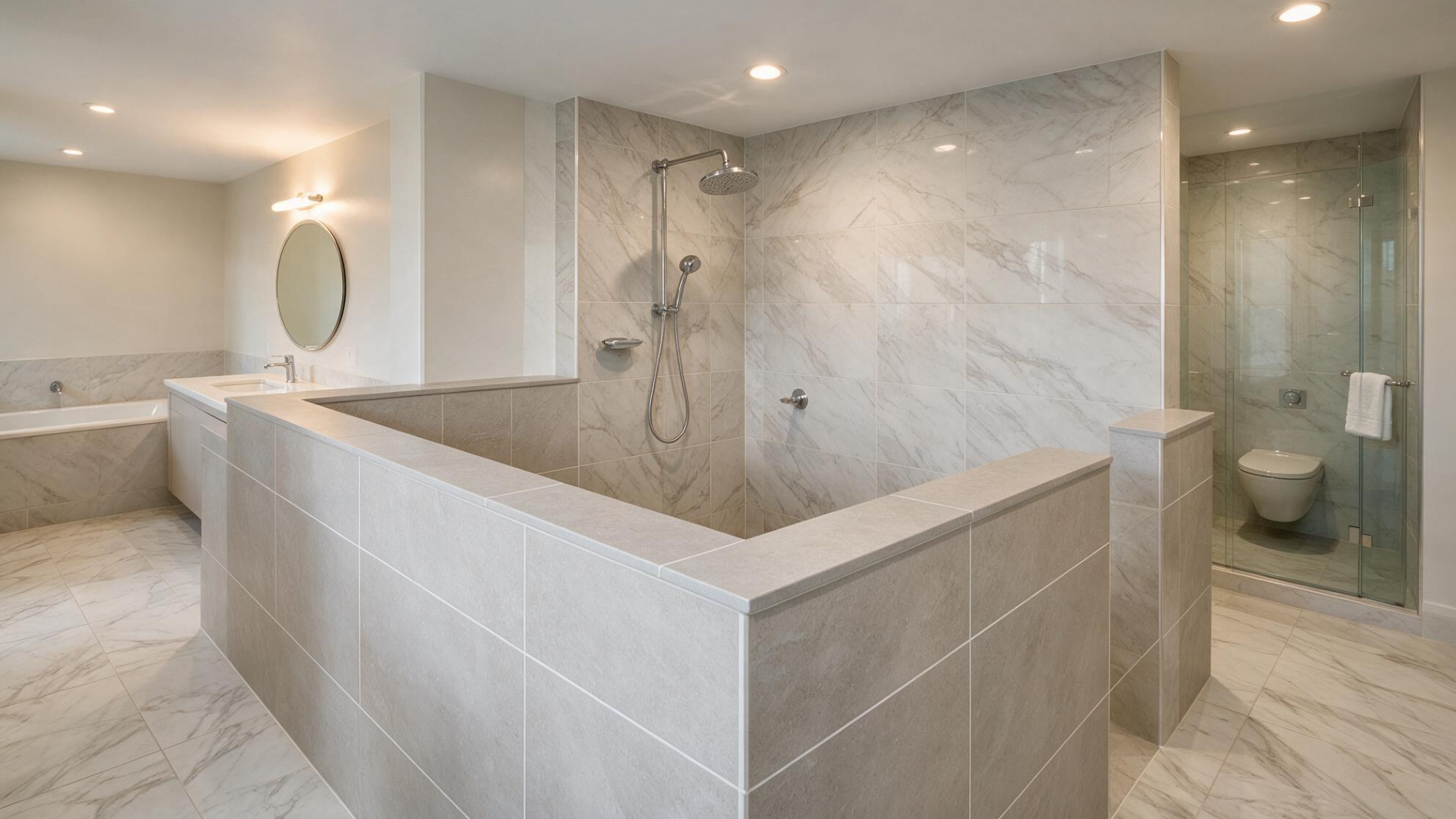L-shaped pony wall shower with two connected tiled half walls defining the shower from two sides and realistic fixtures in a modern bathroom