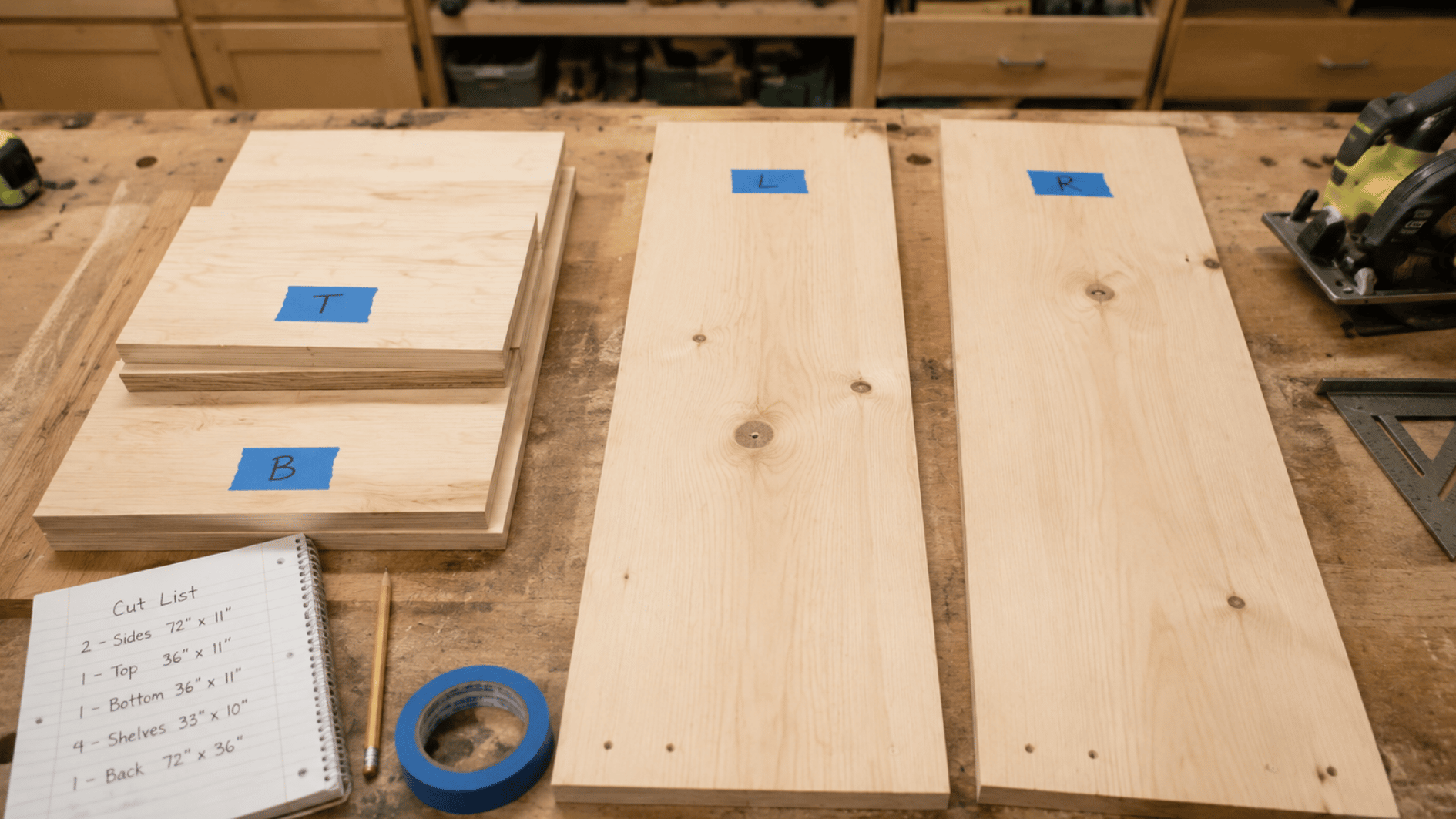 labeled plywood boards and a handwritten cut list spread across a workshop workbench before bookshelf assembly