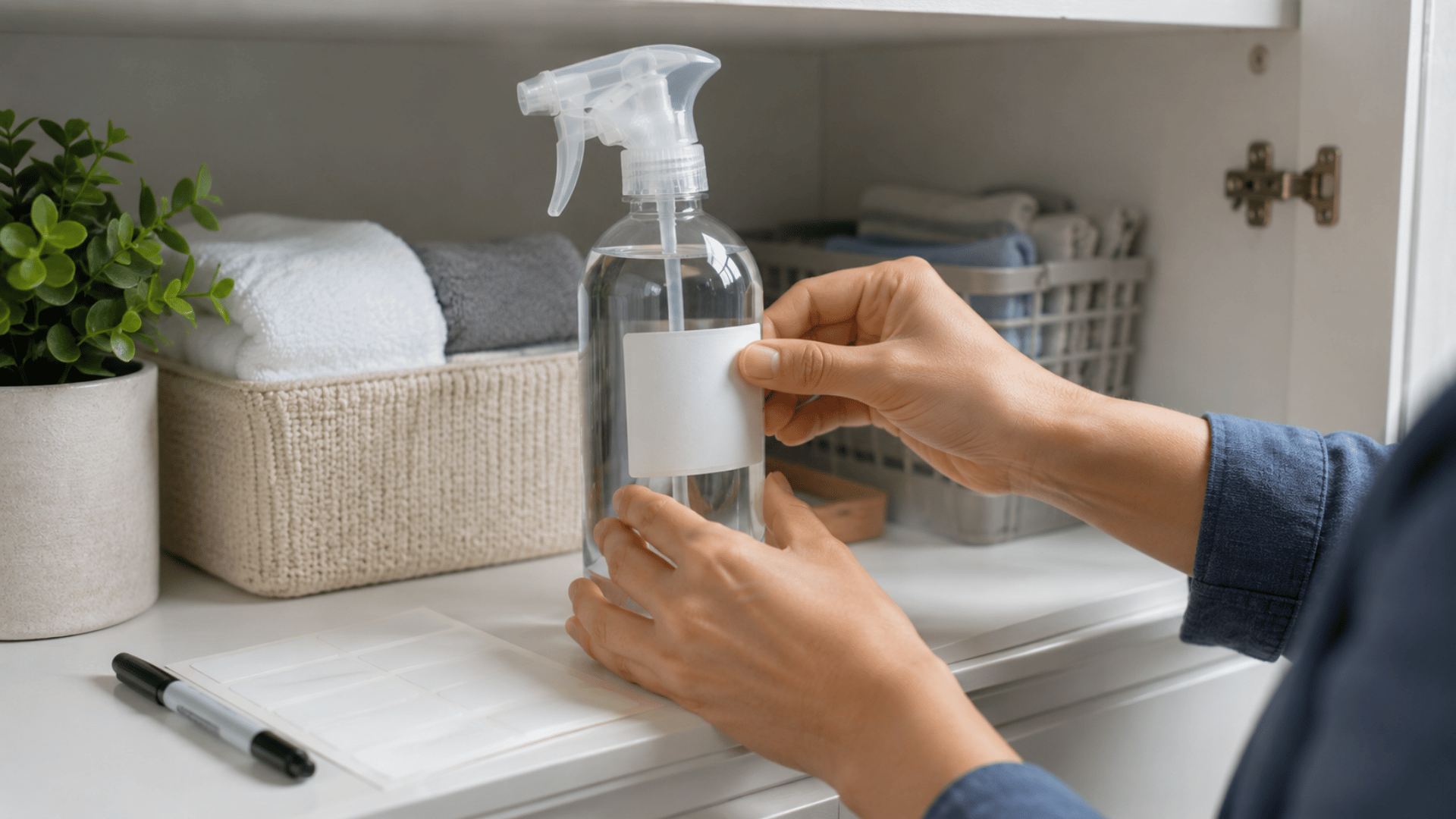 Labeling a bottle for diy window cleaner storage with a blank waterproof label.