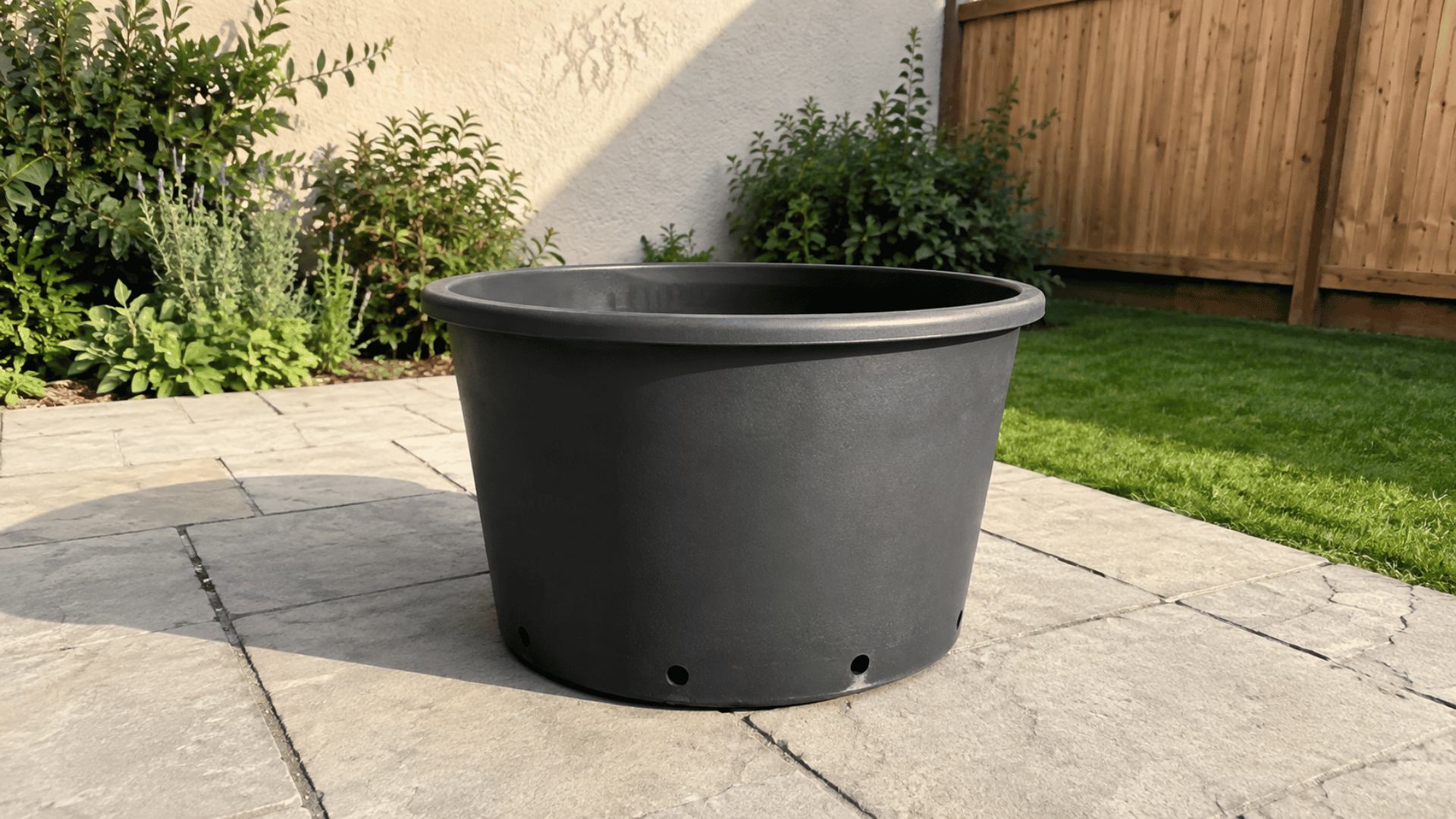 Large black plastic container with drainage holes placed on a patio, ready for planting