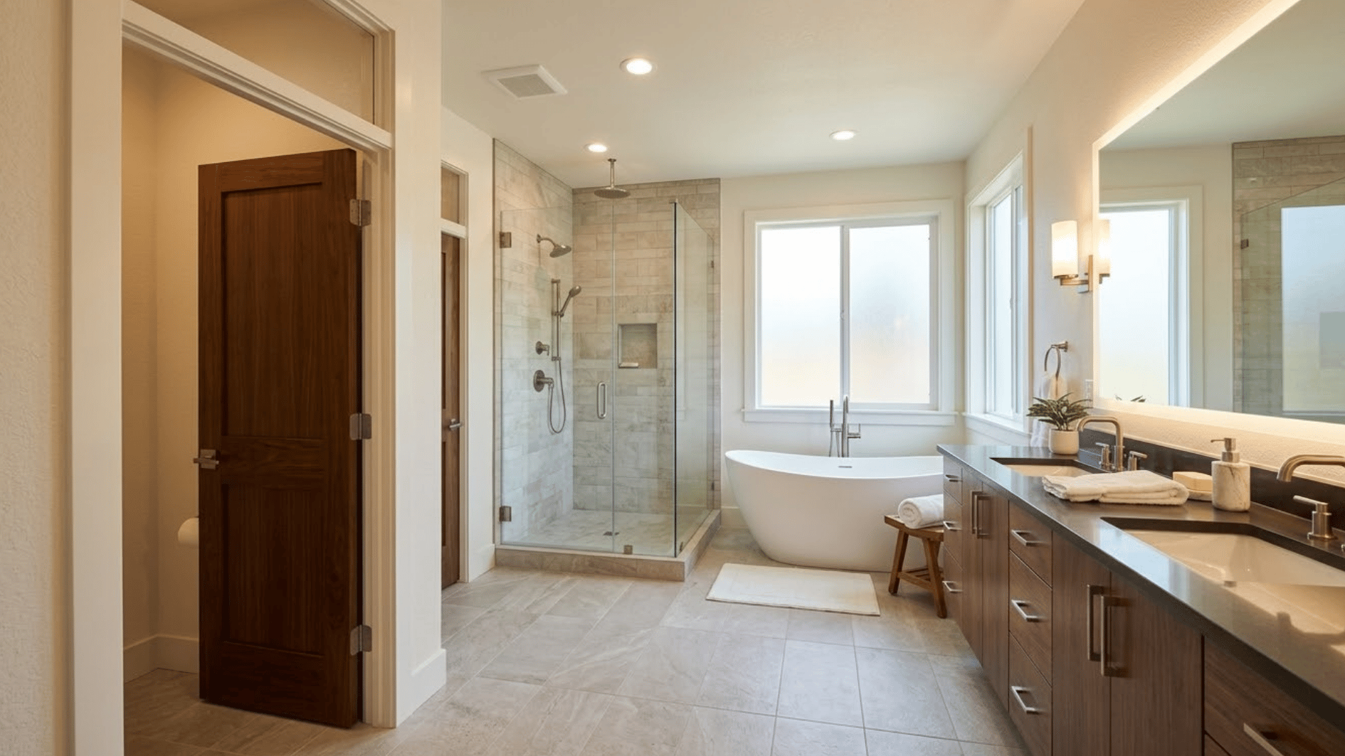 large master bathroom with long oak vanity glass shower freestanding tub private toilet room and soft daylight