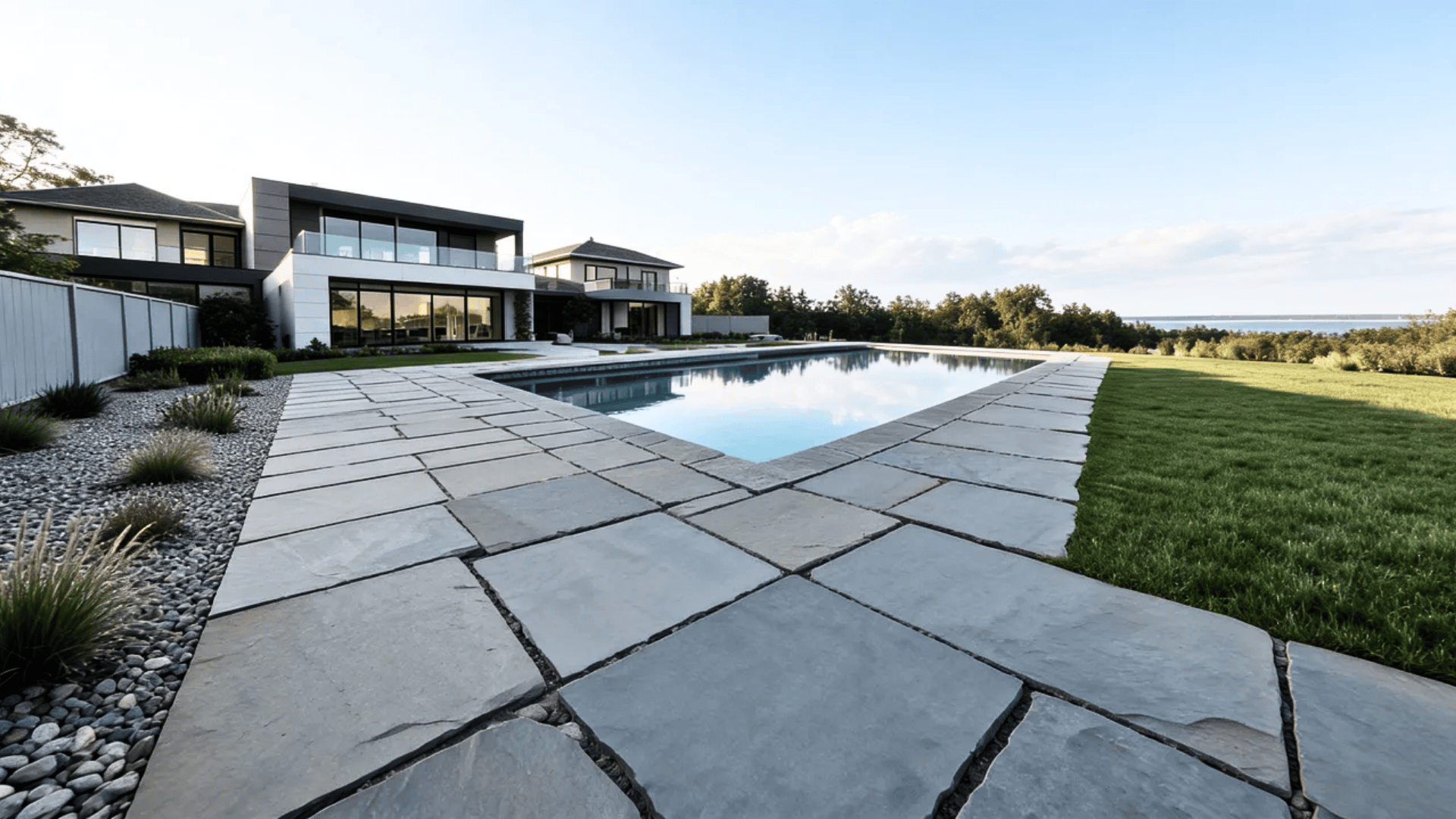 Large rectangular stone slabs forming a modern walkway with minimal landscaping around the path.