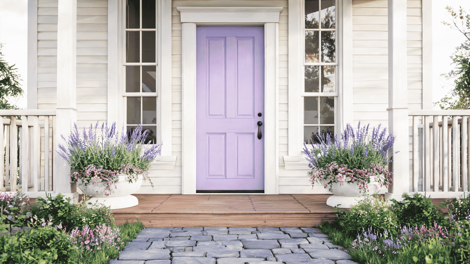 Lavender purple front door with white trim and flowers on a cottage home.