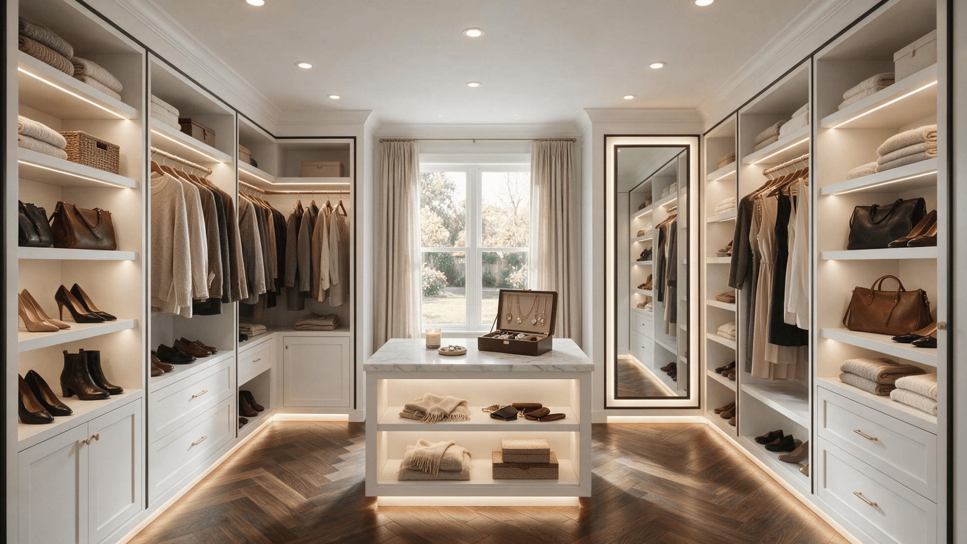 layered closet lighting combining ceiling shelf mirror and floor lighting throughout the space