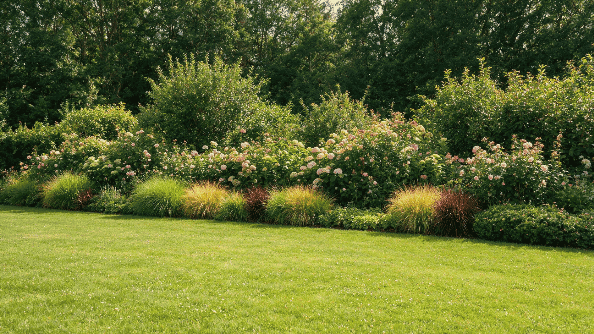 layered living fence with flowering shrubs ornamental grasses and native trees along a broad green lawn border
