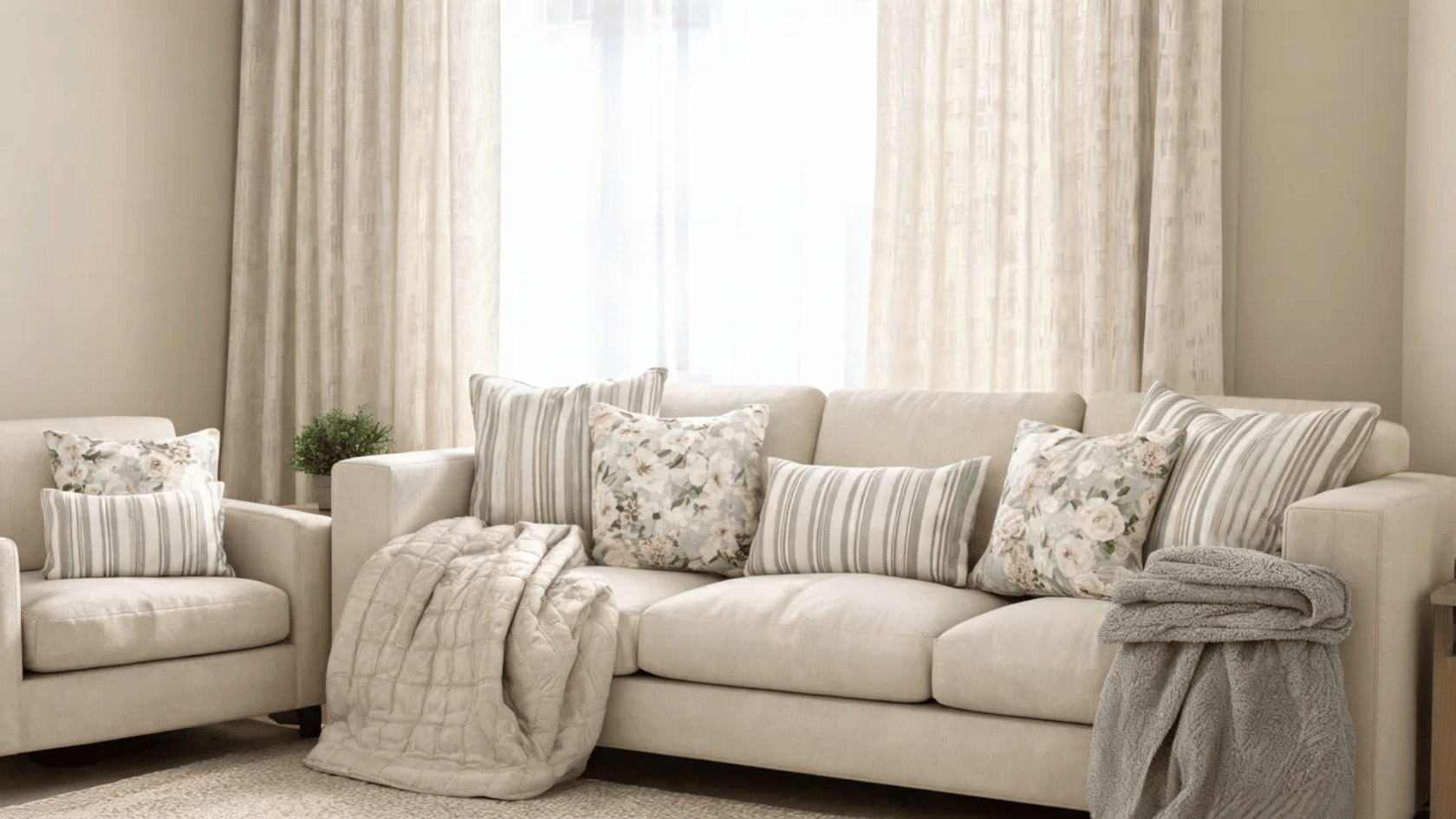 Soft Nancy Meyers aesthetic living room with neutral tones, cozy sofa, and layered textures.