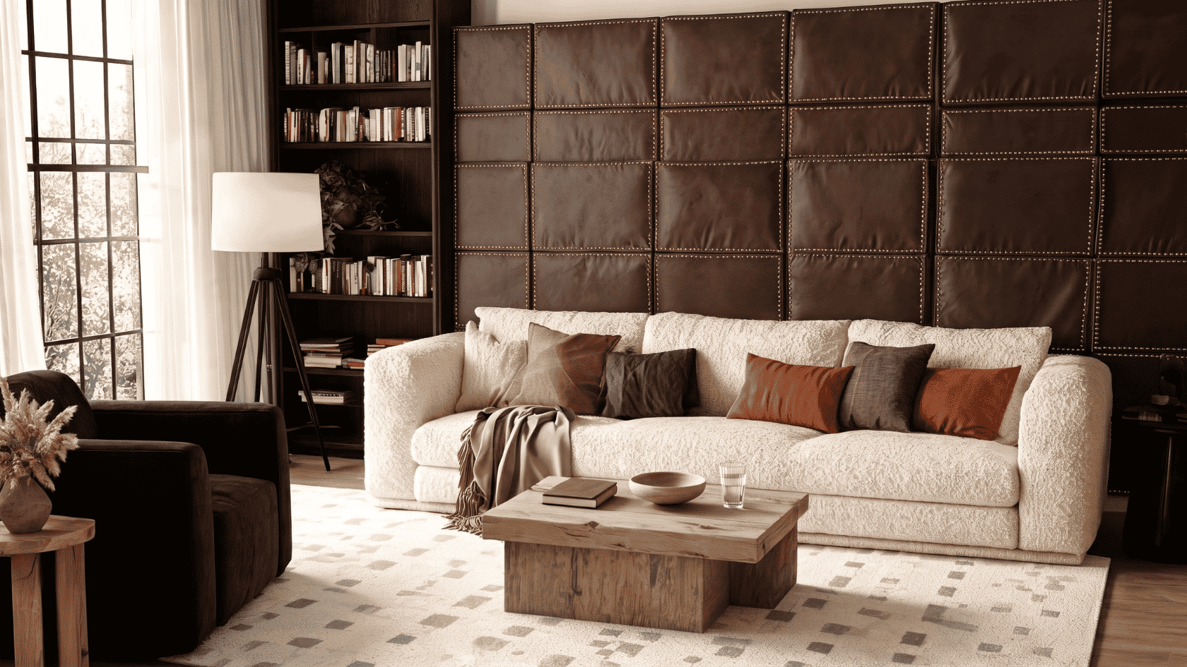 Leather wall panels behind a sofa with a wooden coffee table, bookshelf, and modern living room furniture.