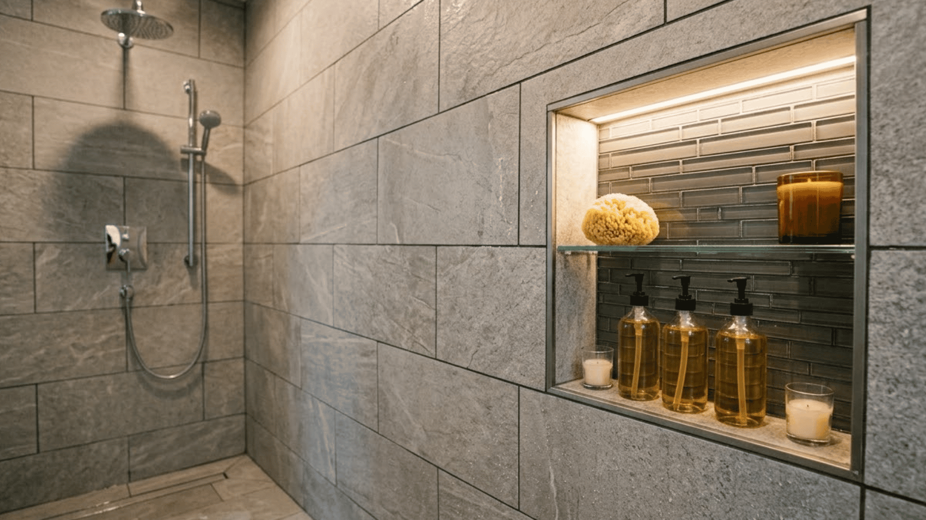LED lit shower niche with toiletries and candles inside an open modern tiled shower wall