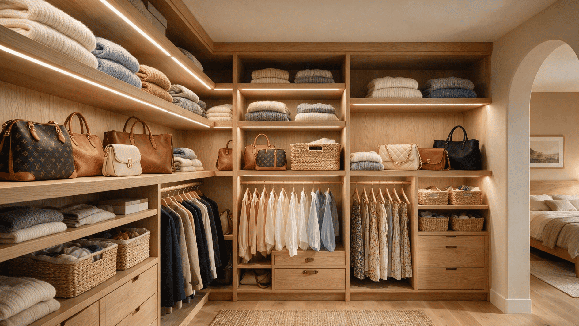 led strip lights under wooden closet shelves illuminating folded clothes handbags and storage baskets