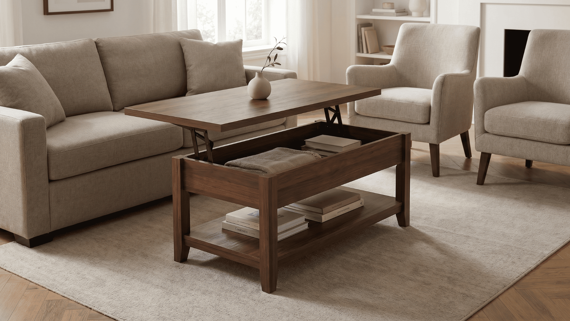 Lift-top coffee table with raised top showing storage, positioned between sofa and chairs in a living room.