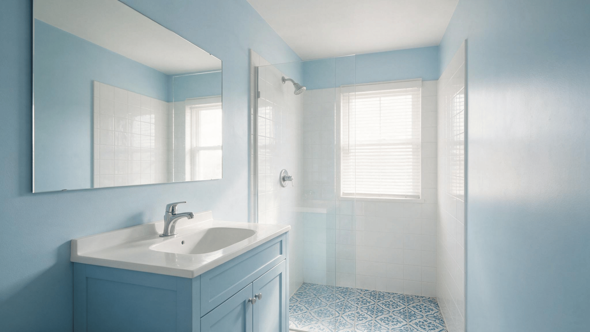 Light blue bathroom with blue vanity, large mirror, and glass-enclosed shower with patterned tile floor.