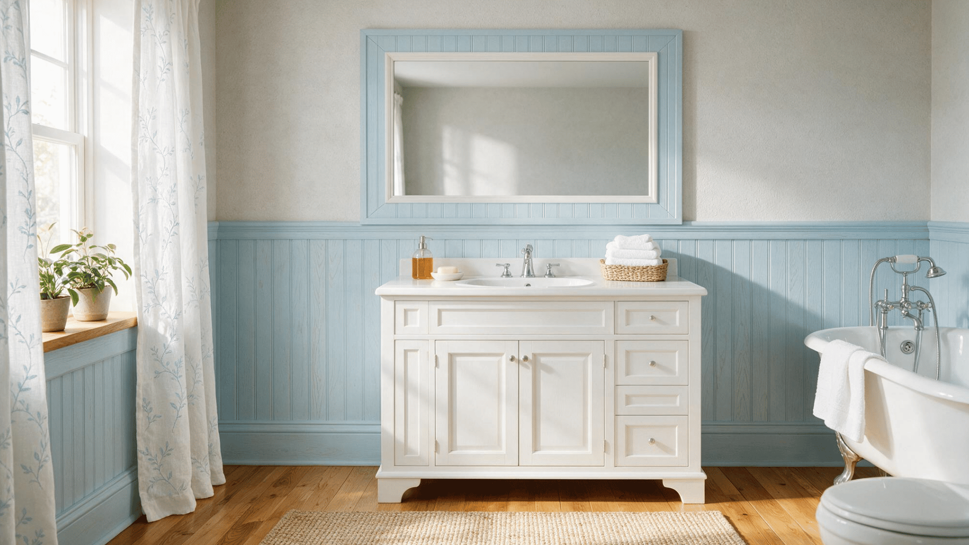 light blue beadboard bathroom with white vanity framed mirror clawfoot tub and warm wood flooring throughout