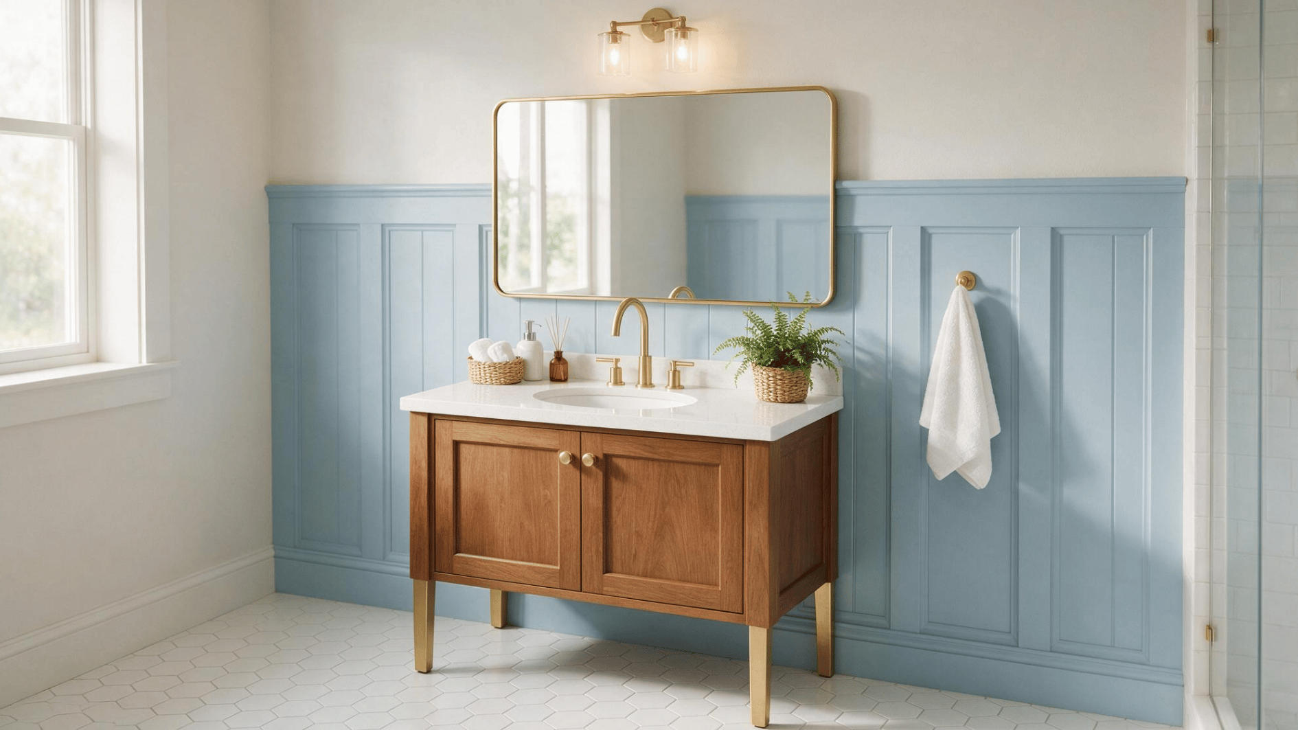 light blue beadboard bathroom with wood vanity brass mirror white hexagon tile floor and bright window