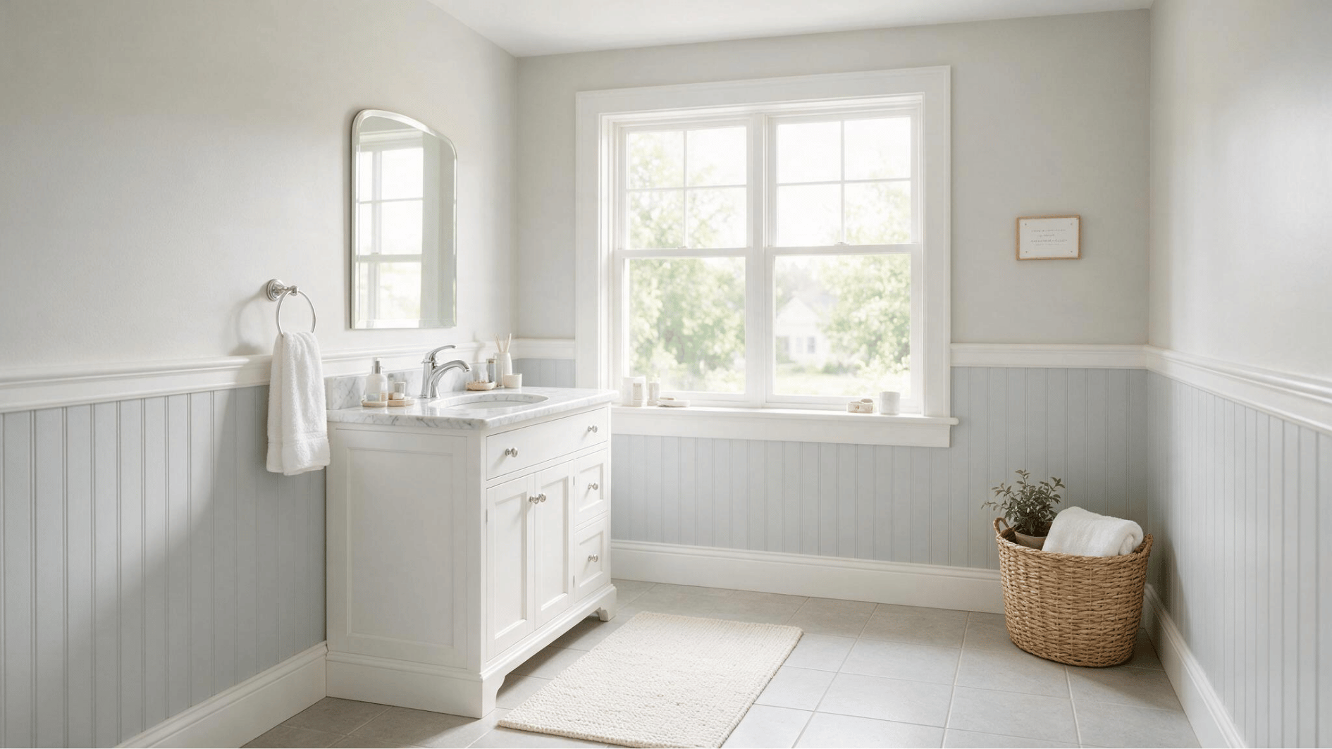 light gray beadboard bathroom with white vanity wide window woven basket soft rug and bright natural light spa