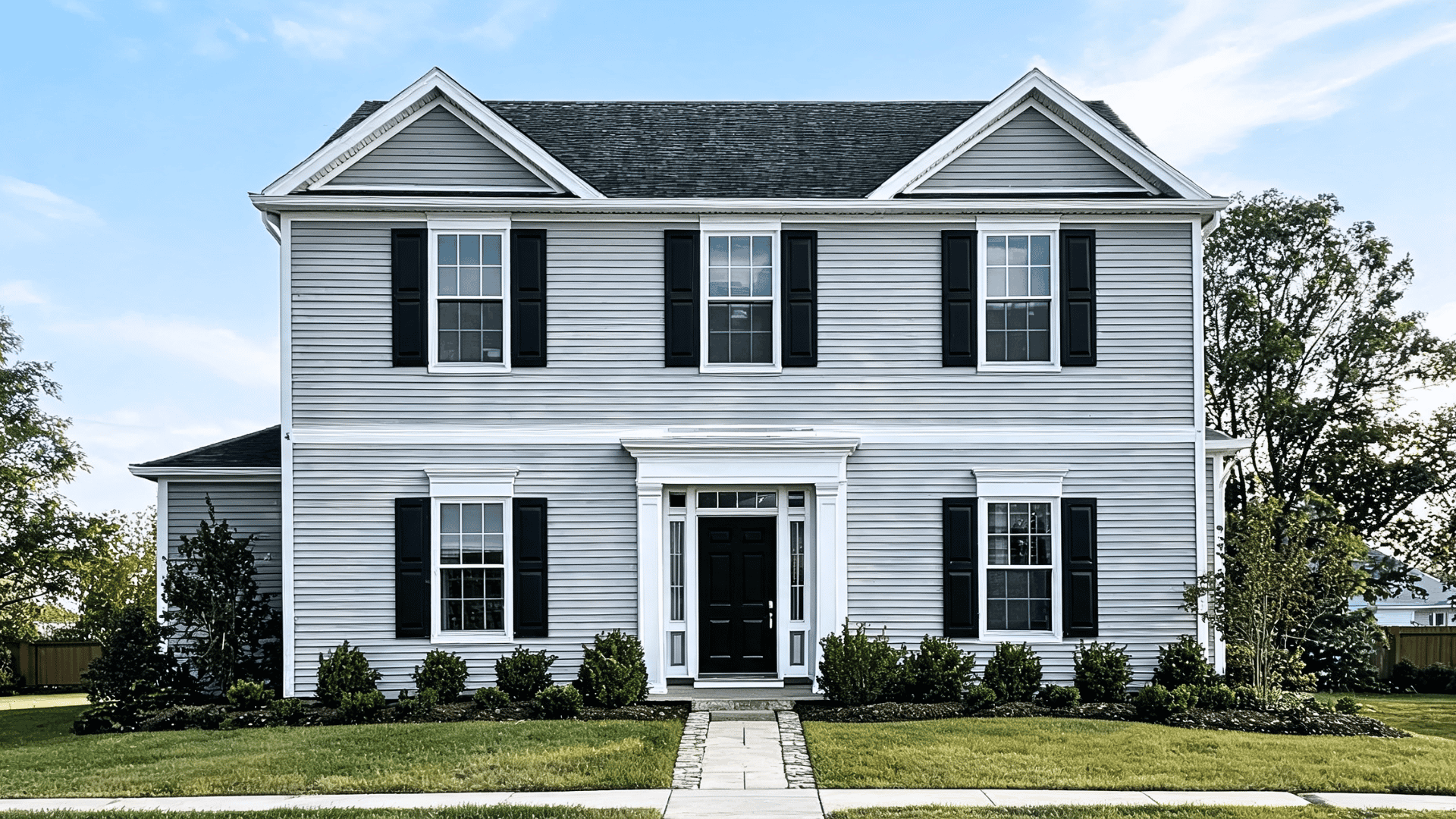 Light gray exterior house with white trim, black shutters, and a dark front door creating a classic look.