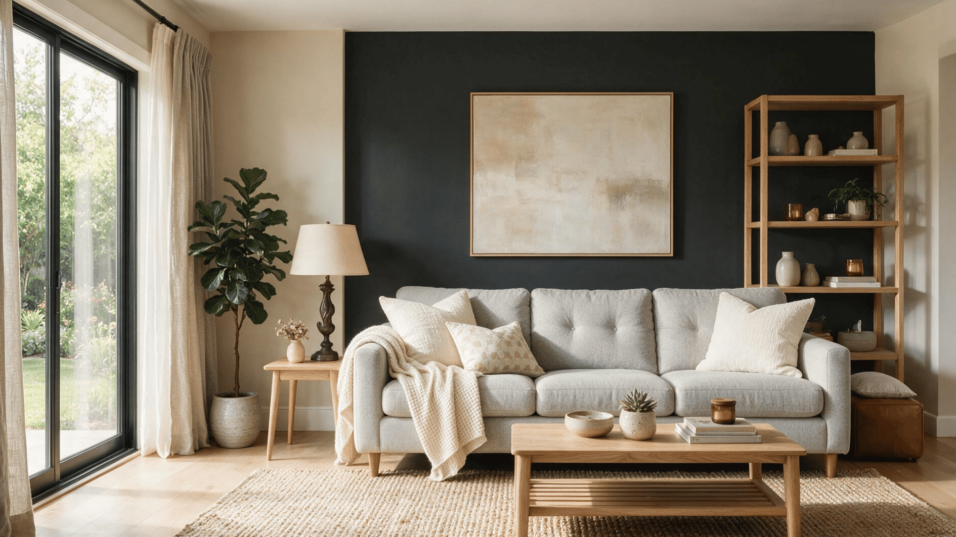 light grey sofa against a charcoal accent wall with warm wood and cream decor