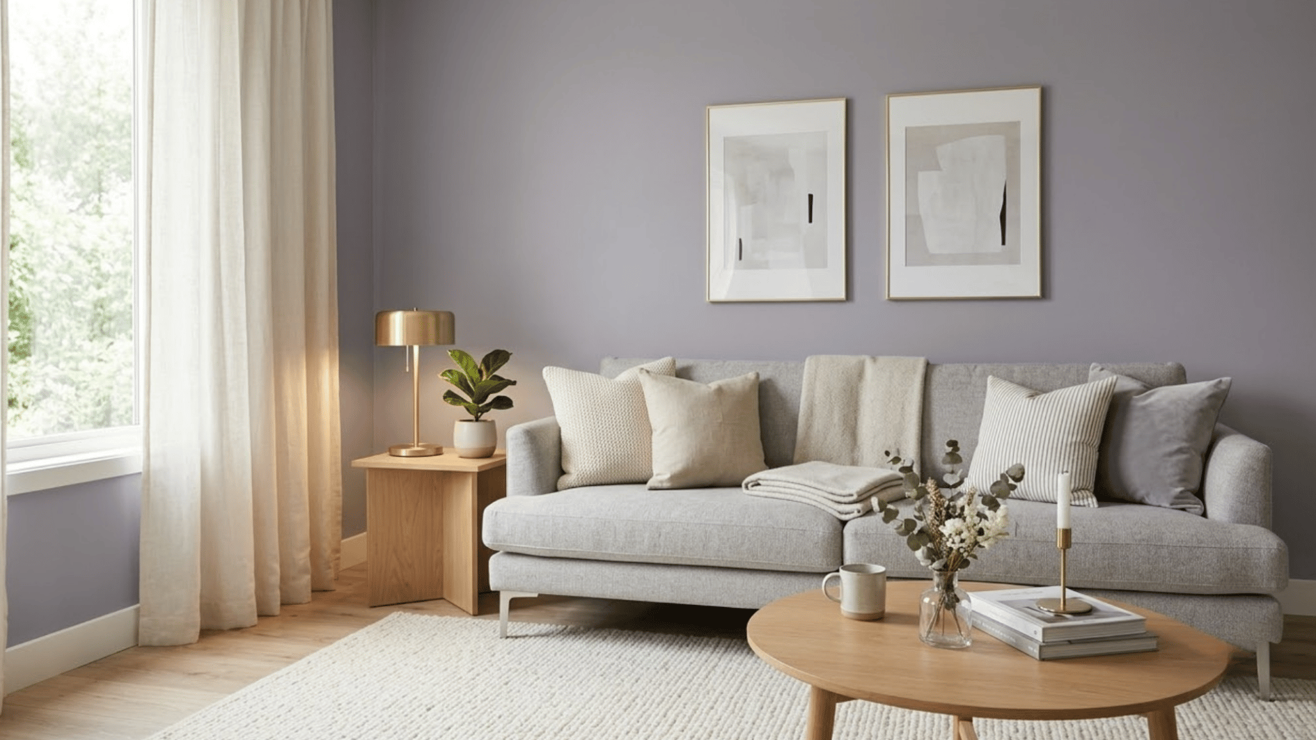 light grey sofa against a dusty lavender wall in a bright modern living room with neutral decor