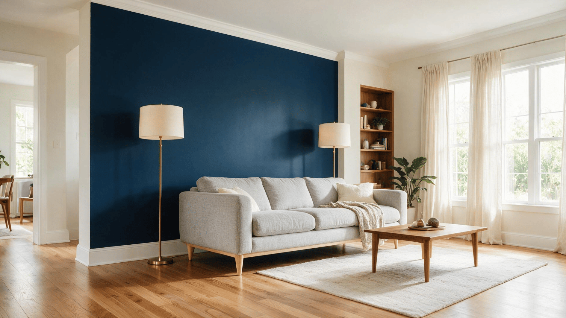 light grey sofa against a navy blue accent wall with warm wood and brass decor