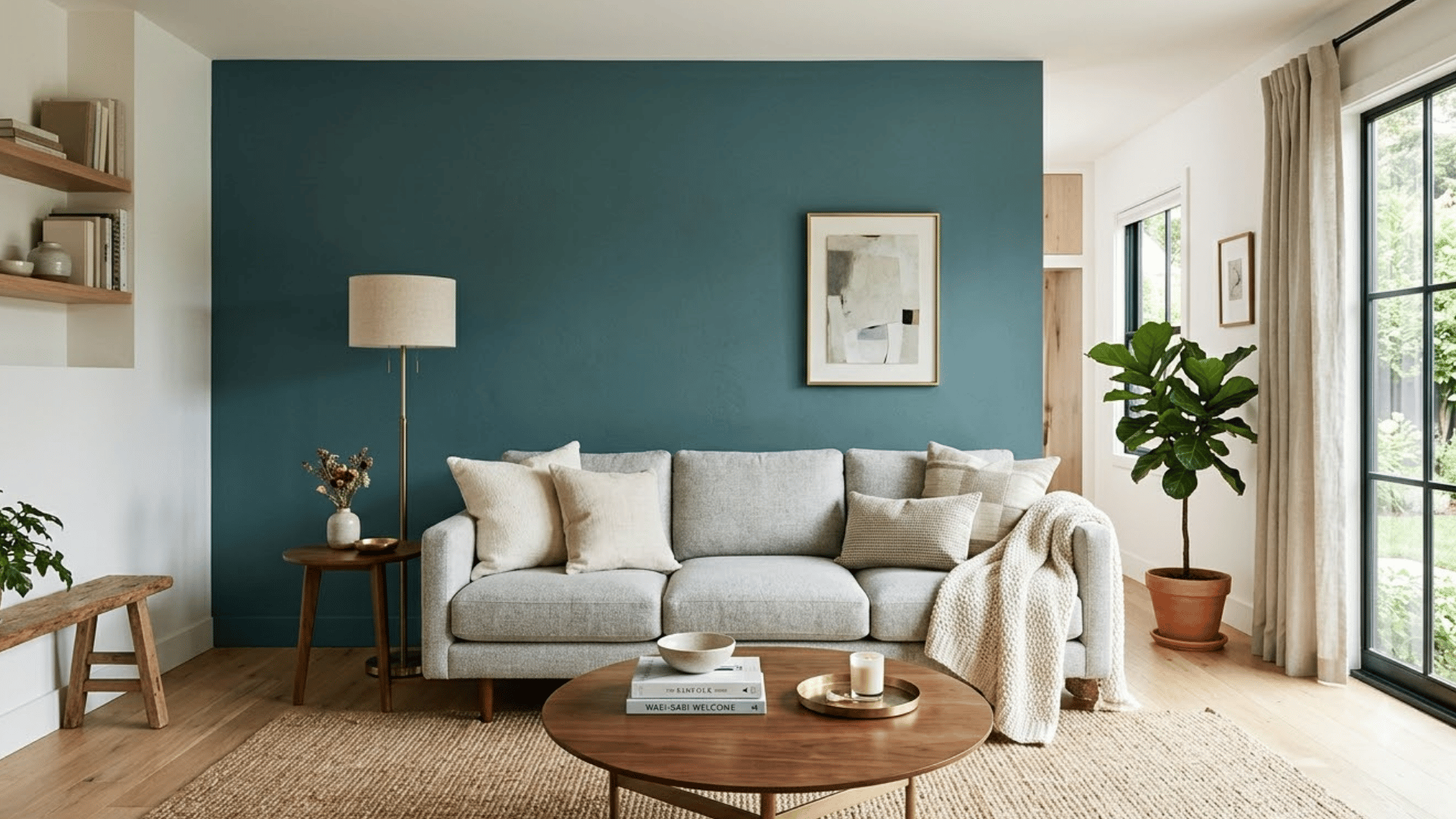 light grey sofa against a smoky teal wall with cream and brass accents