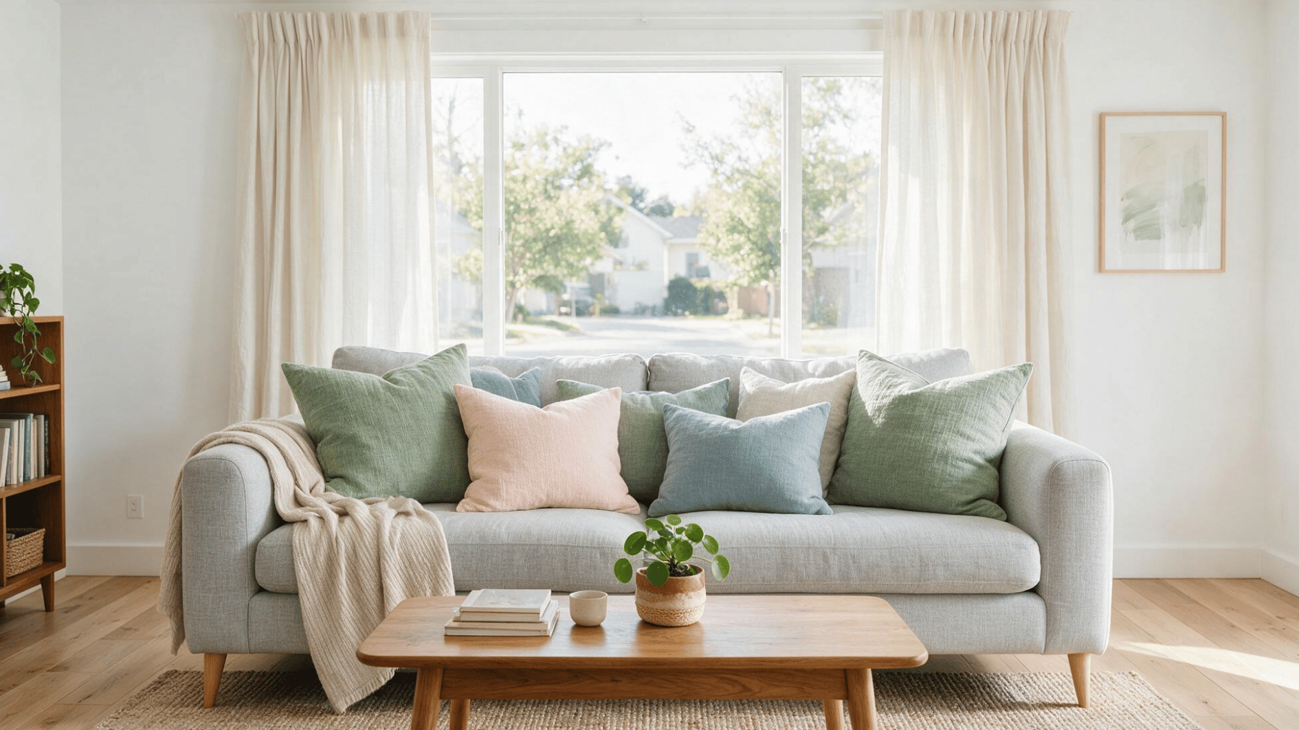 light grey sofa with sage green blush and dusty blue accents in a calm living room