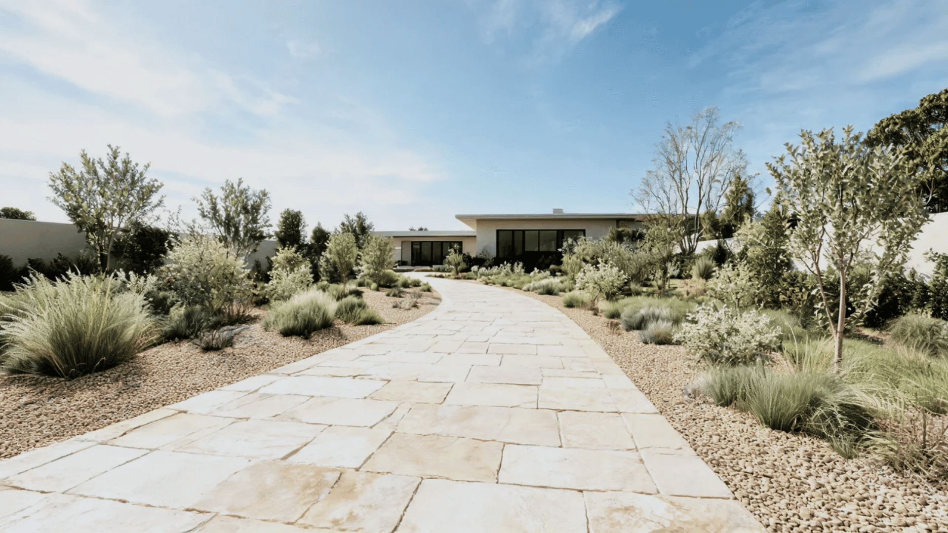 Light limestone stone path with beige slabs and simple garden landscaping.