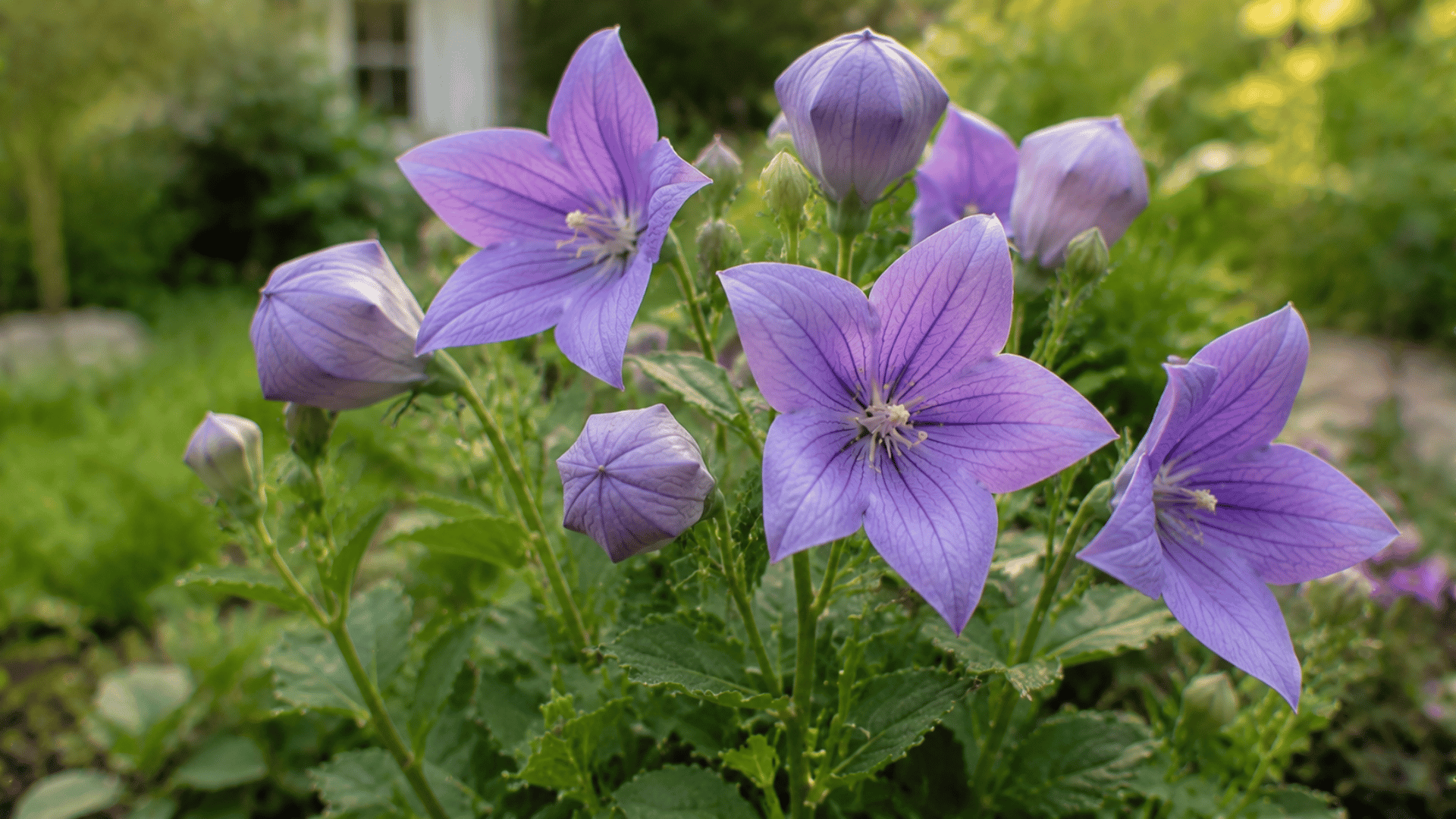 light purple balloon flowers with round buds blooming in a garden setting