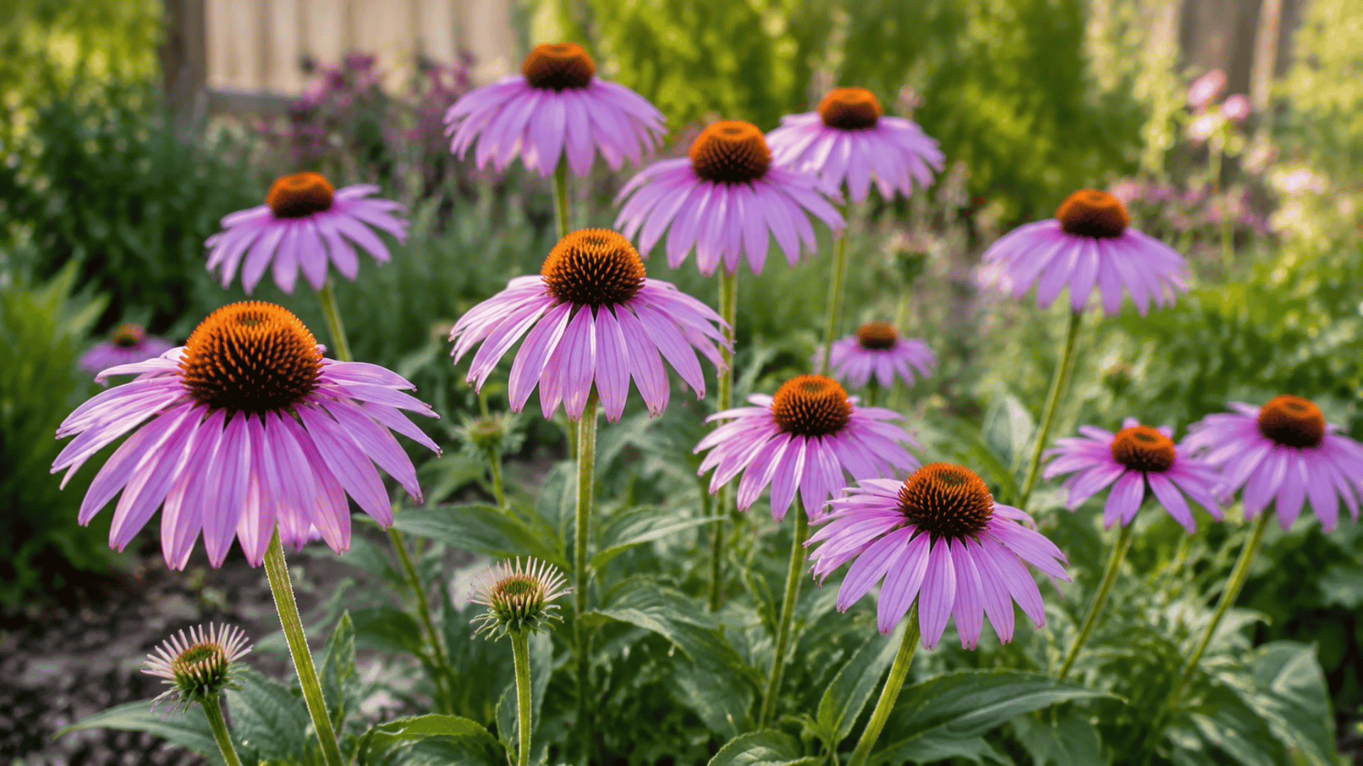light purple coneflowers with orange centers blooming in a garden bed