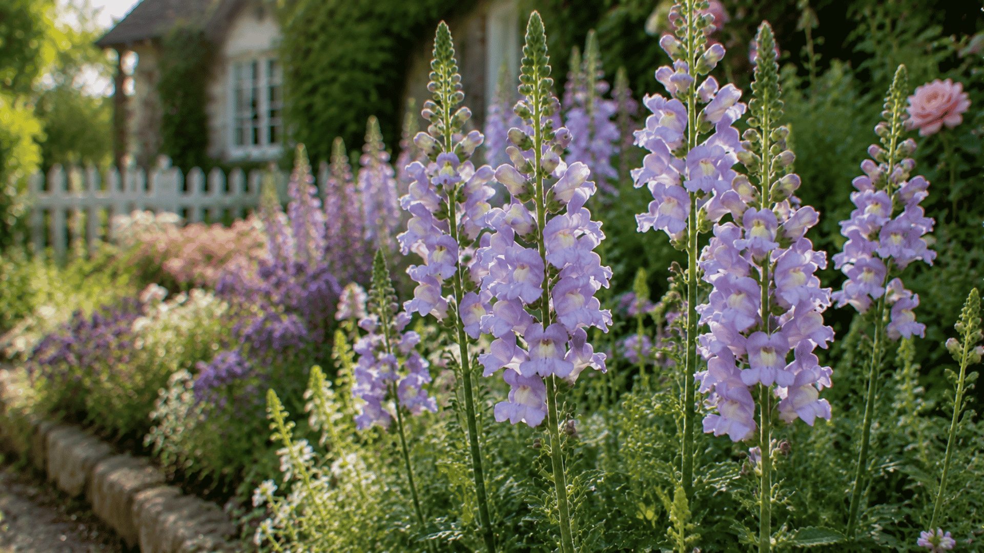 light purple dianthus flowers with fringed petals growing in a garden bed