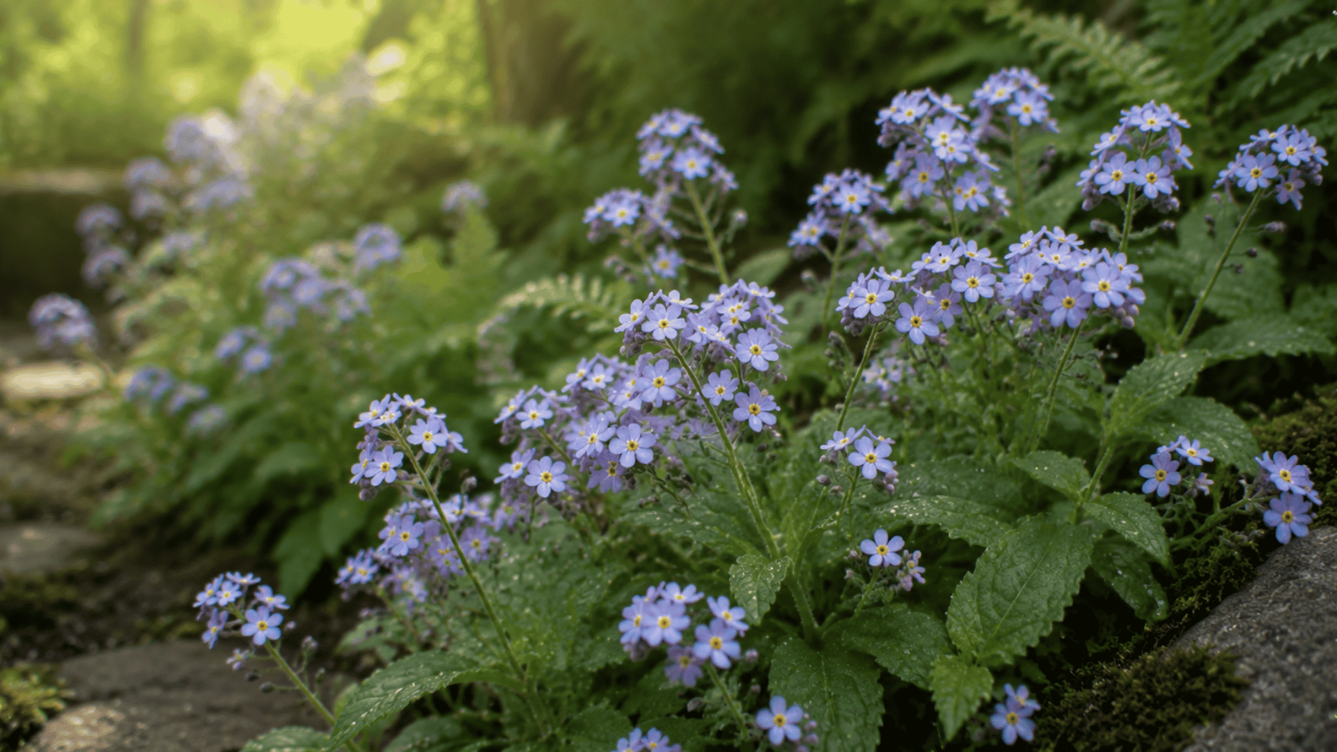 light purple forget me not flowers growing among green leaves in a garden