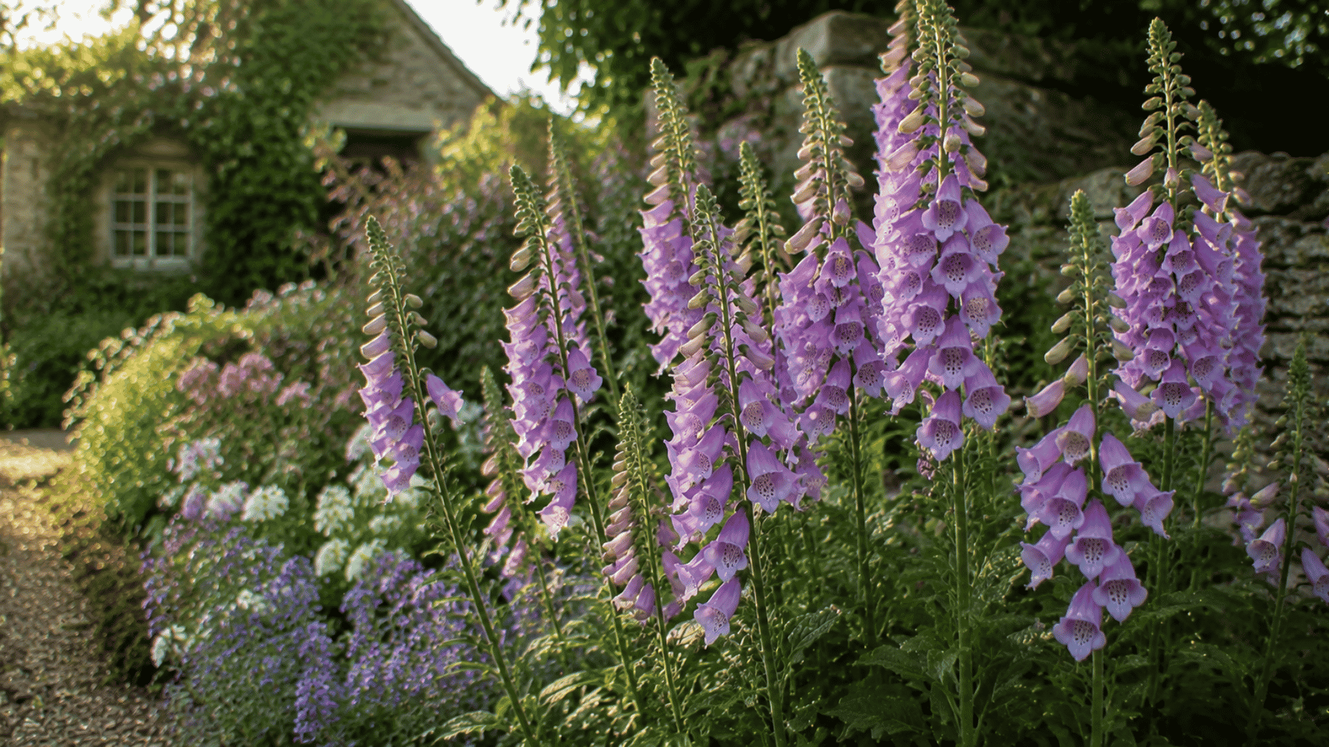 light purple foxglove flowers with tall bell-shaped blooms in a garden border