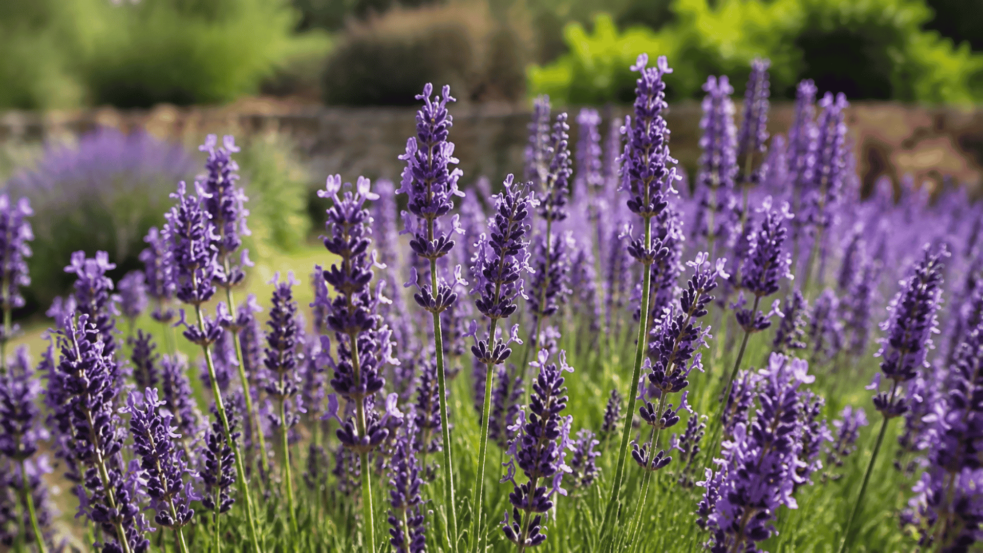 light purple lavender flowers growing in a sunny garden field with green stems