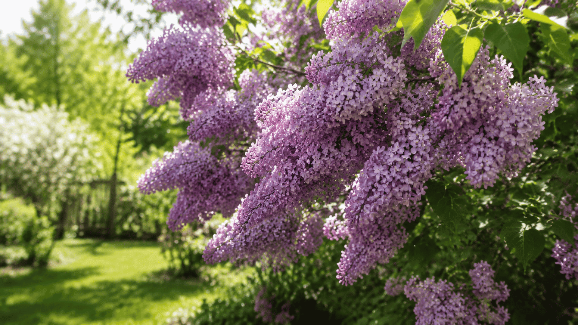 light purple lilac flower clusters blooming on green branches in a backyard garden