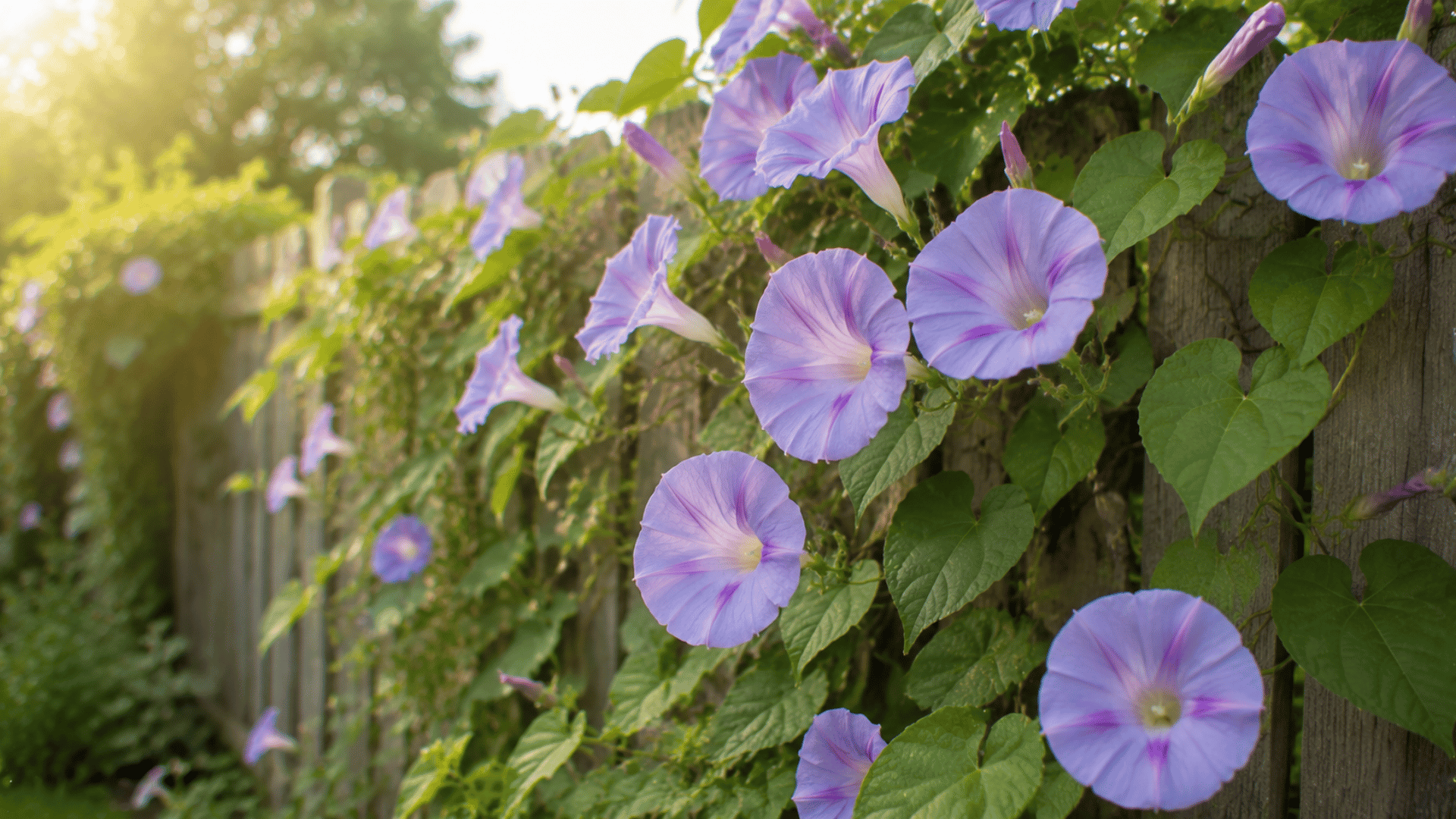 light purple morning glory flowers growing on a green climbing vine in a garden
