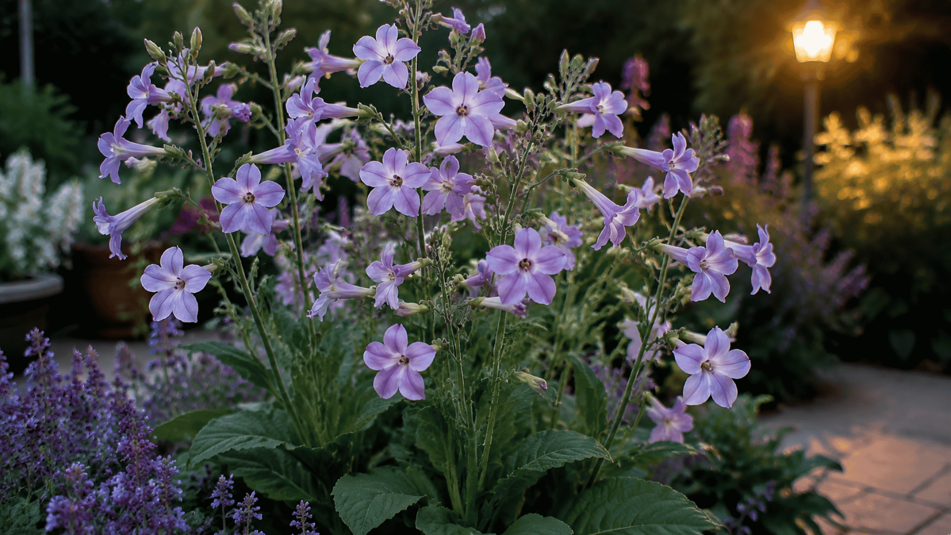 light purple nicotiana flowers with trumpet blooms growing in a garden bed