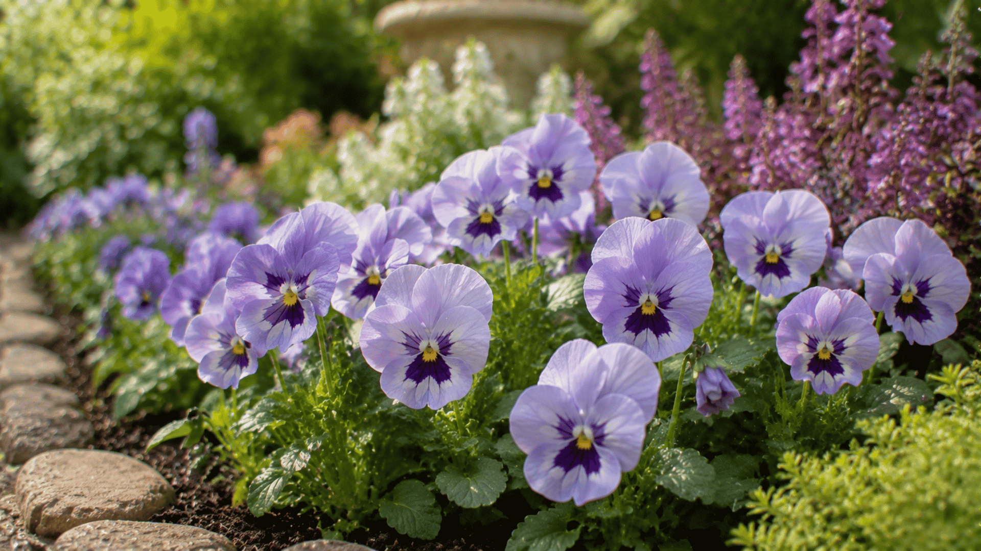 light purple pansy flowers with detailed petals blooming in a garden bed