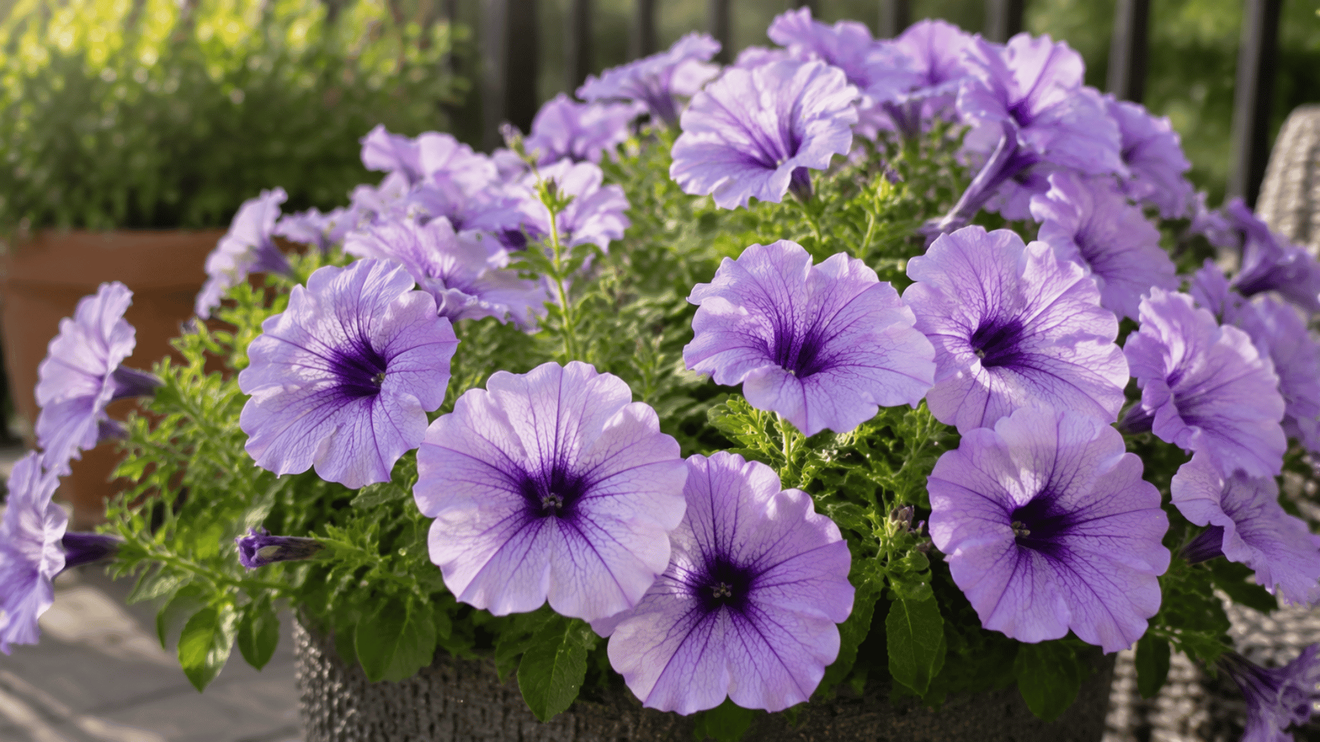 light purple petunia flowers blooming in a garden container with green leaves